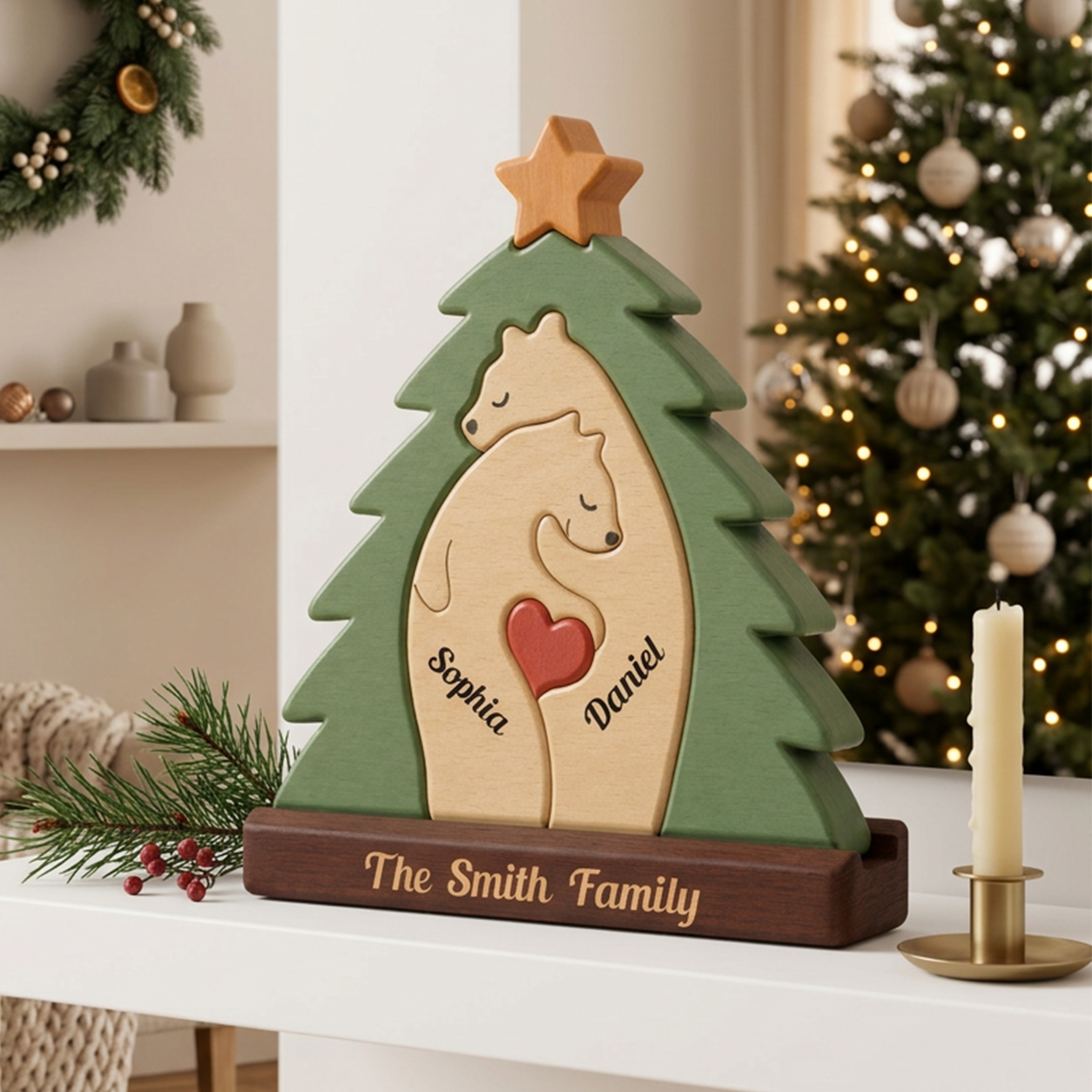 Christmas Tree With Family Bear — Personalized Wood Family Keepsake