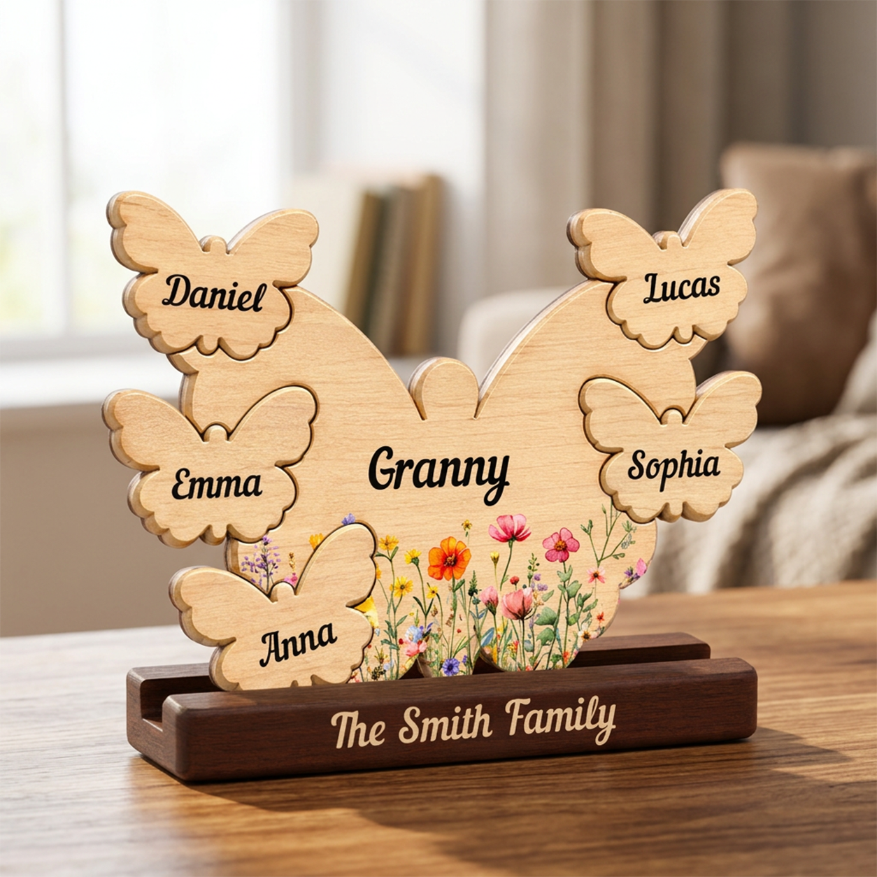 Mom Butterly Wild Flowers — Personalized Family Heirloom Wood Keepsake