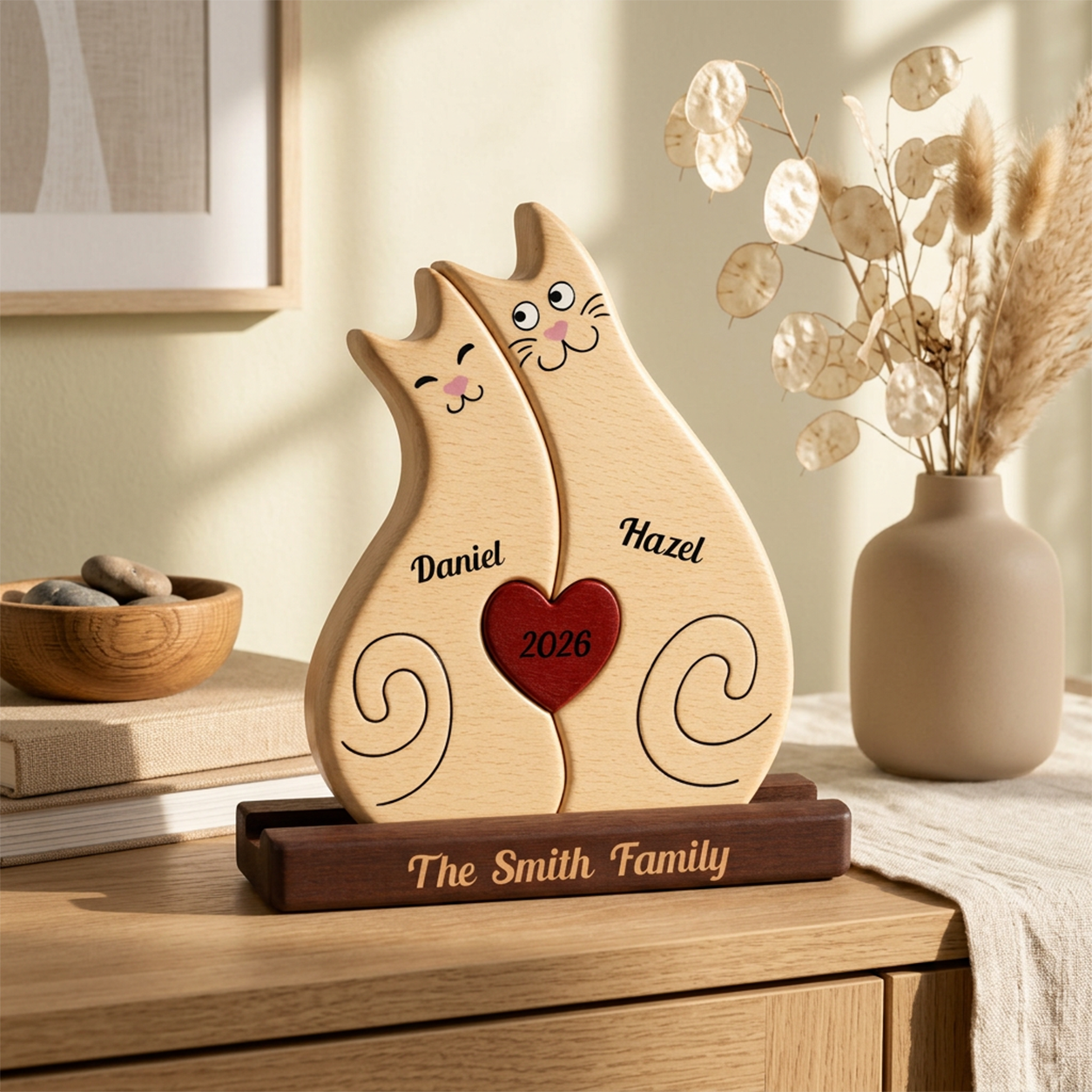 Christmas Couple Cat — Personalized Wood Family Keepsake