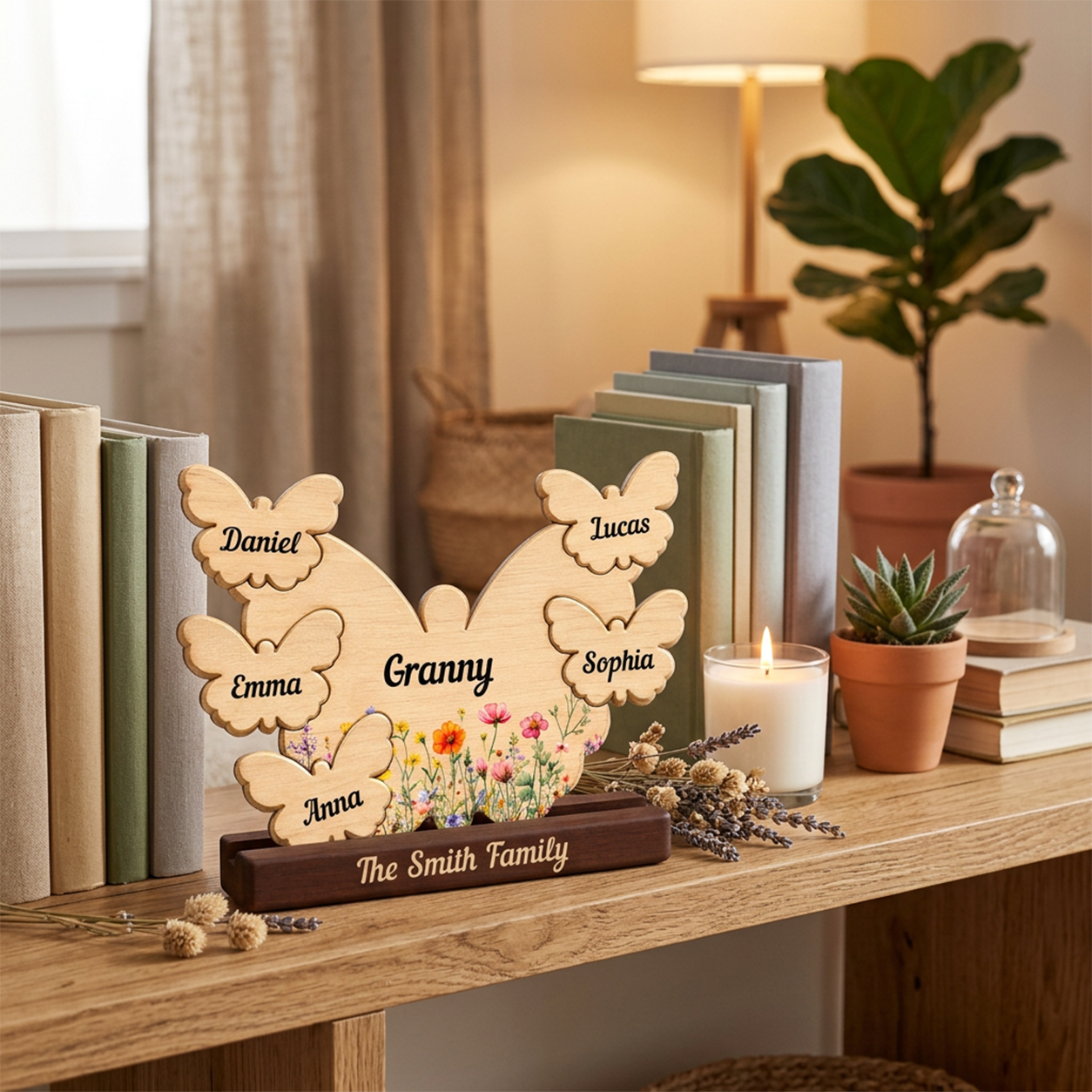 Mom Butterly Wild Flowers — Personalized Family Heirloom Wood Keepsake