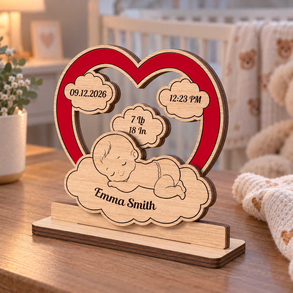 Baby New Born With Cloud - Personalized 2-Layered Wooden Plaque - Christmas Decor