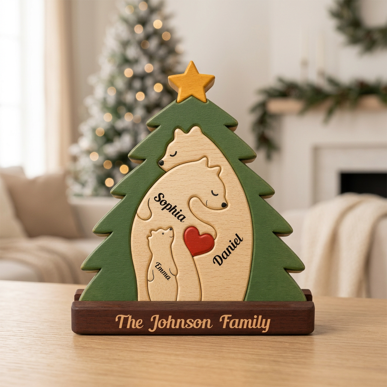 Christmas Tree With Family Bear — Personalized Wood Family Keepsake