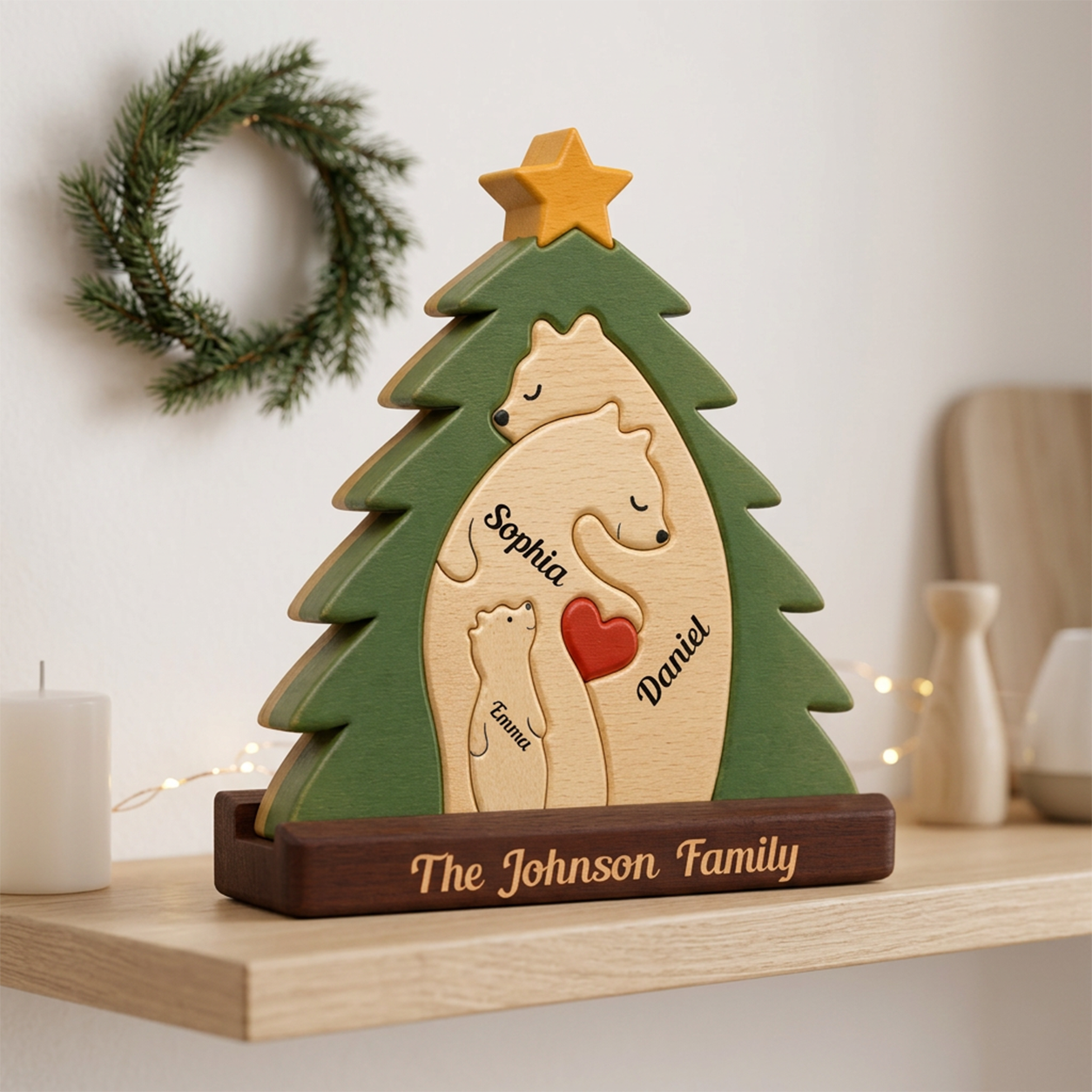 Christmas Tree With Family Bear — Personalized Wood Family Keepsake