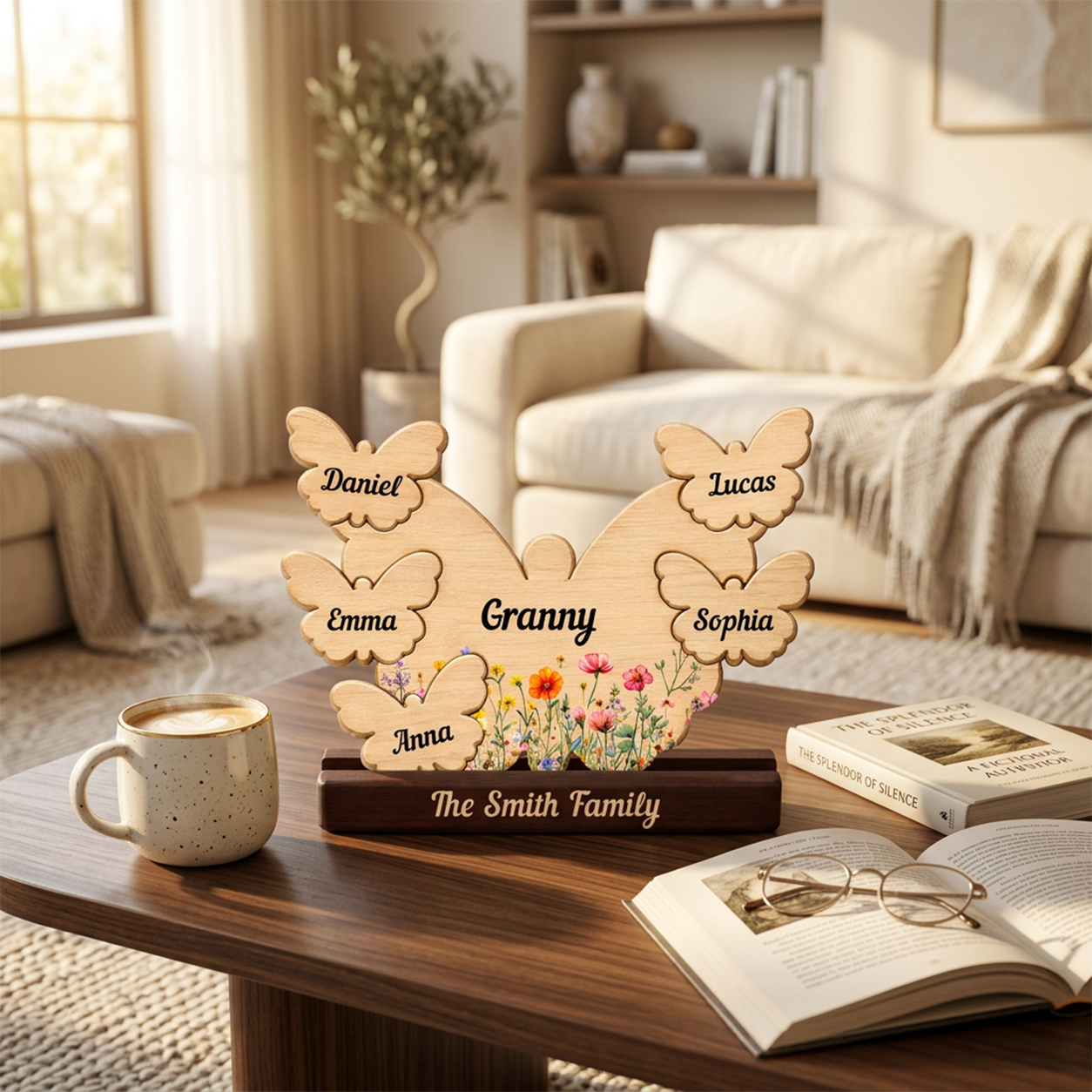 Mom Butterly Wild Flowers — Personalized Family Heirloom Wood Keepsake