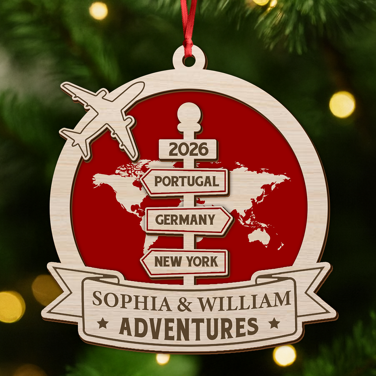 Travel Couple Goal, Destination Of All Year - Personalized 2-Layered Wooden Ornament