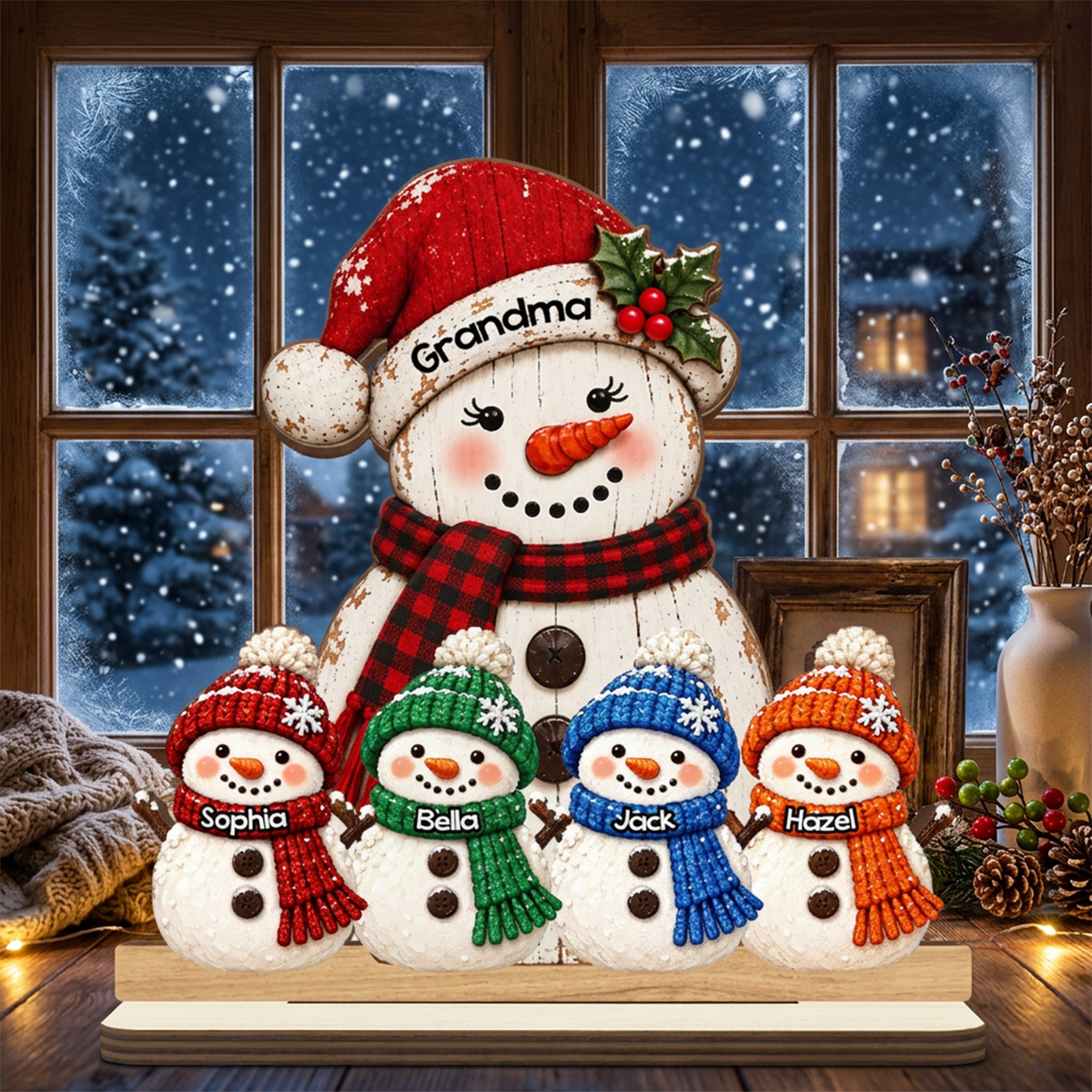 Grandma Grandkids Snowman - Personalized 2-Layered Wooden Plaque - Christmas Decor For Grandma, Mom