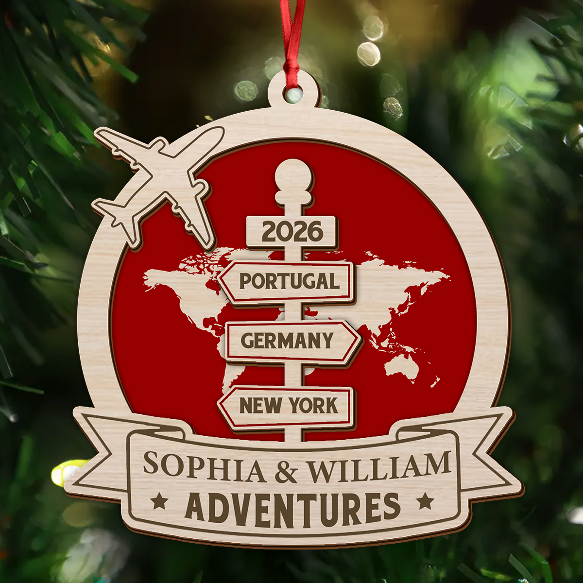 Travel Couple Goal, Destination Of All Year - Personalized 2-Layered Wooden Ornament
