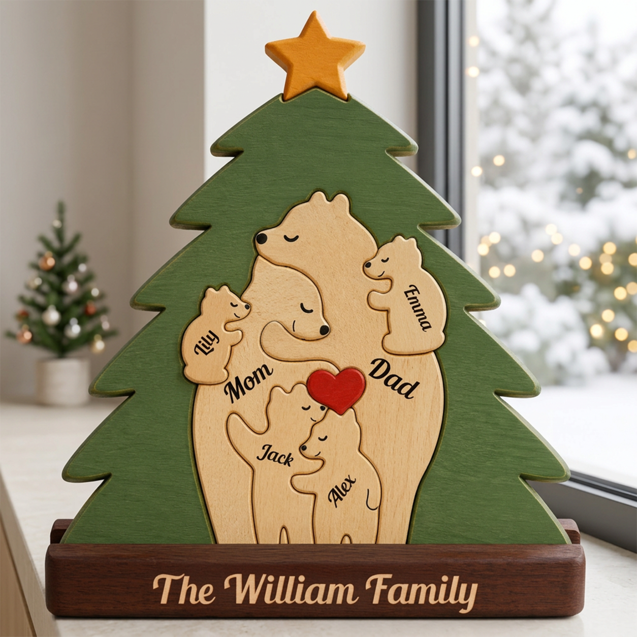 Christmas Tree With Family Bear — Personalized Wood Family Keepsake