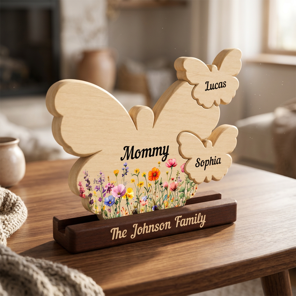 Mom Butterly Wild Flowers — Personalized Family Heirloom Wood Keepsake