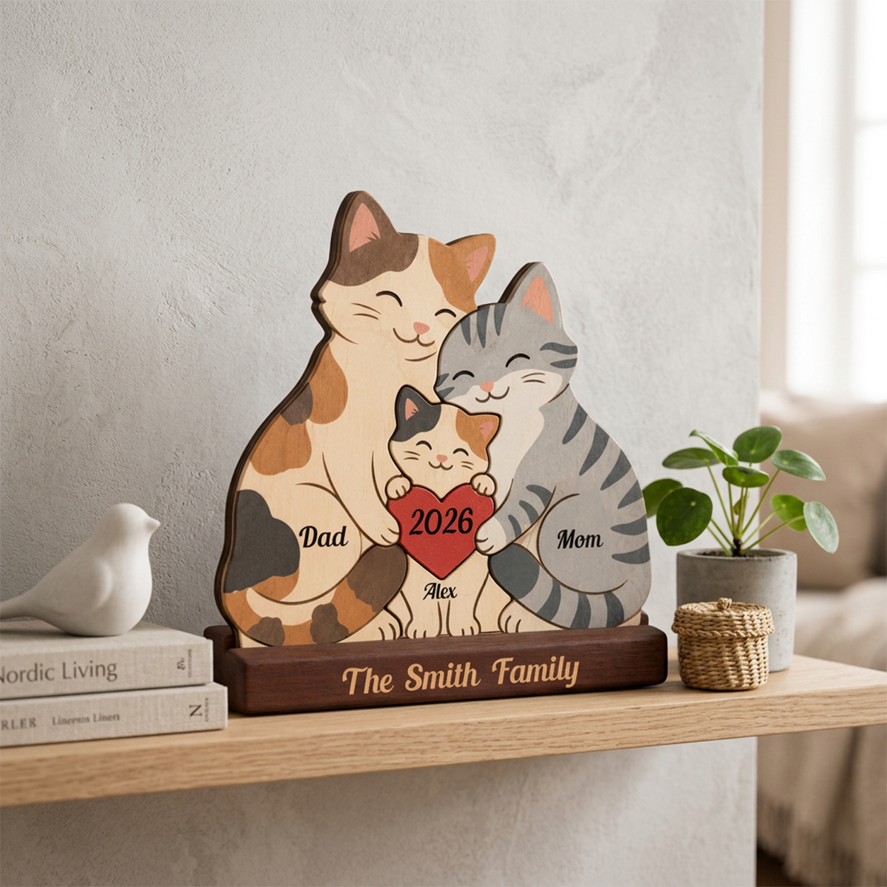 Cat Family Merry Christmas — Personalized Family Heirloom Wood Keepsake