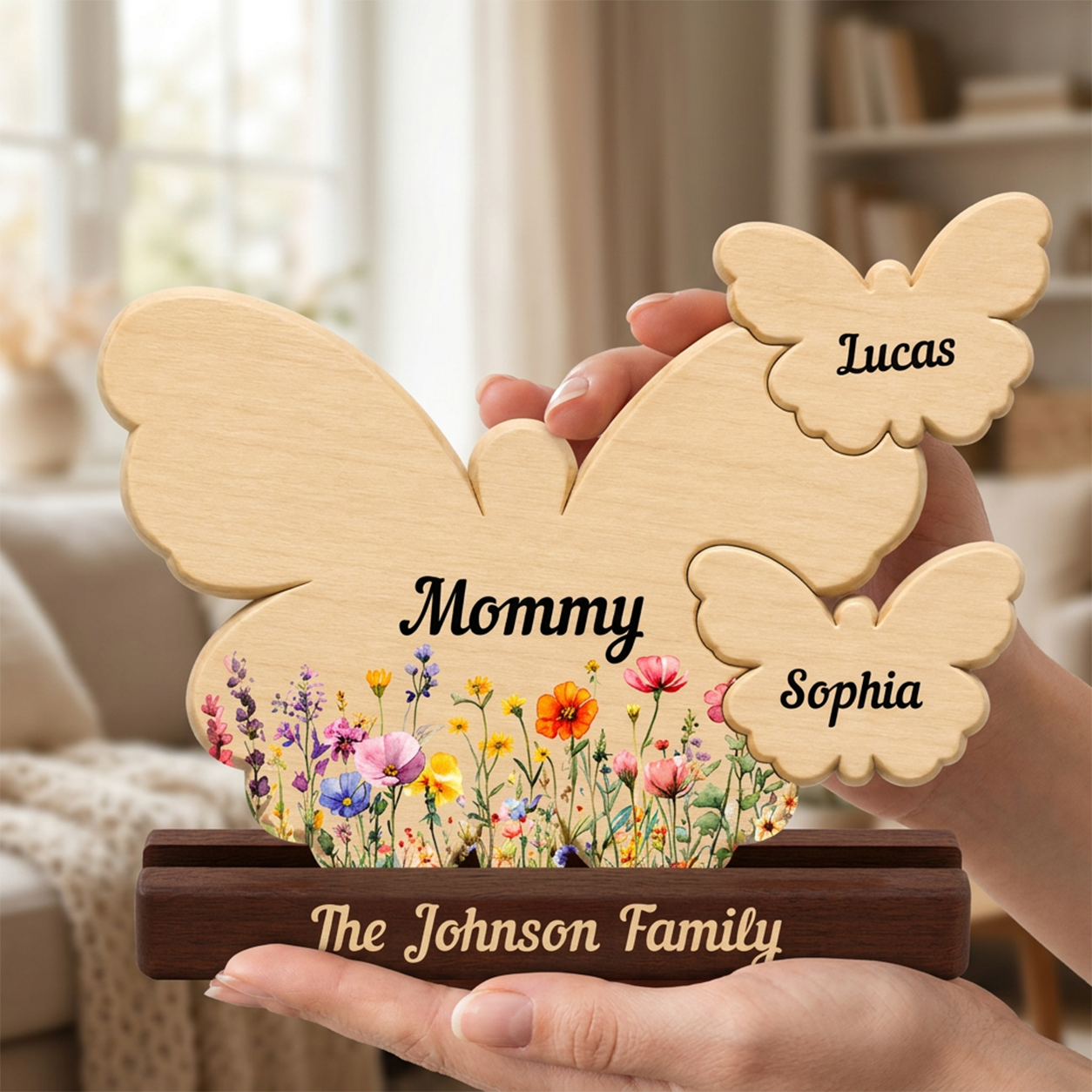 Mom Butterly Wild Flowers — Personalized Family Heirloom Wood Keepsake