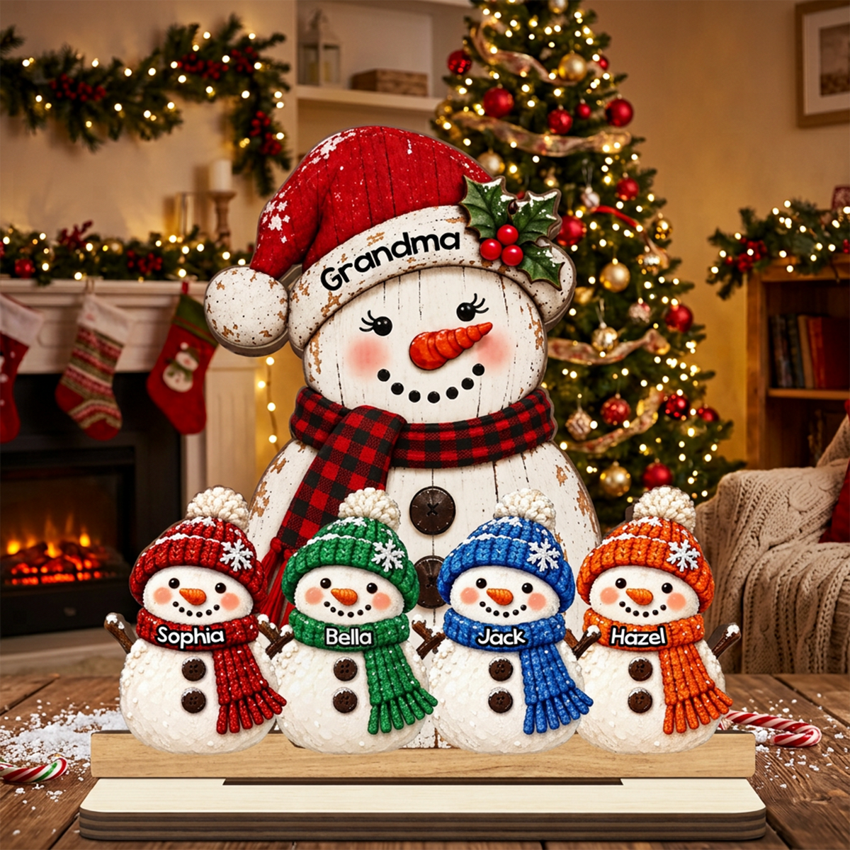 Grandma Grandkids Snowman - Personalized 2-Layered Wooden Plaque - Christmas Decor For Grandma, Mom