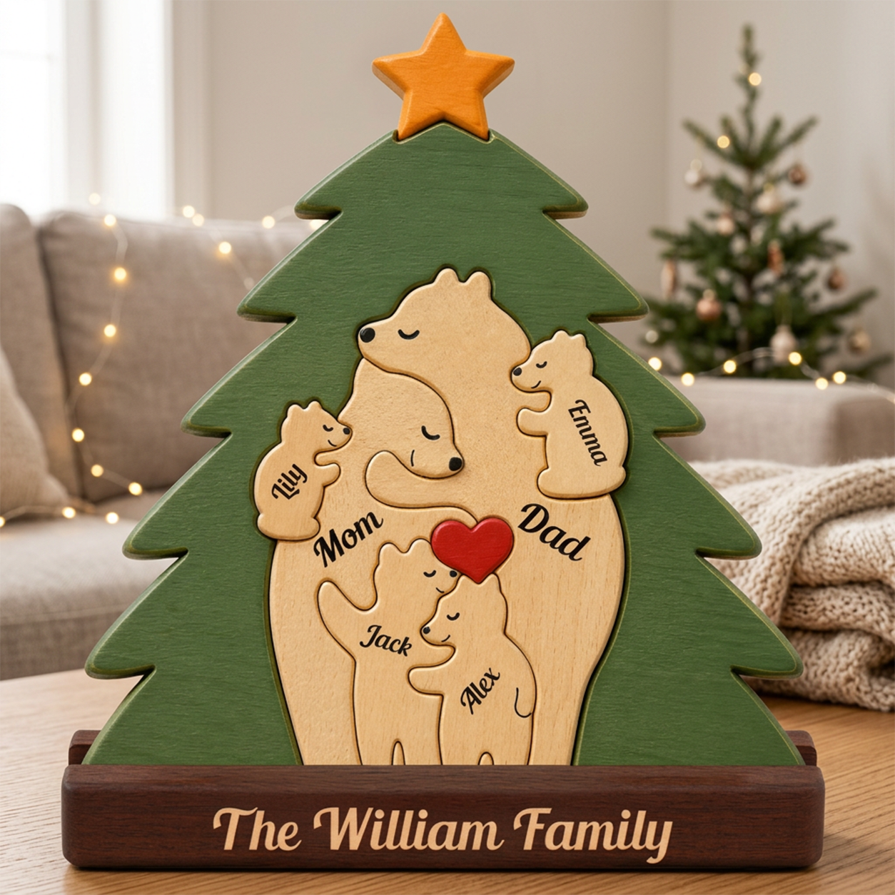 Christmas Tree With Family Bear — Personalized Wood Family Keepsake