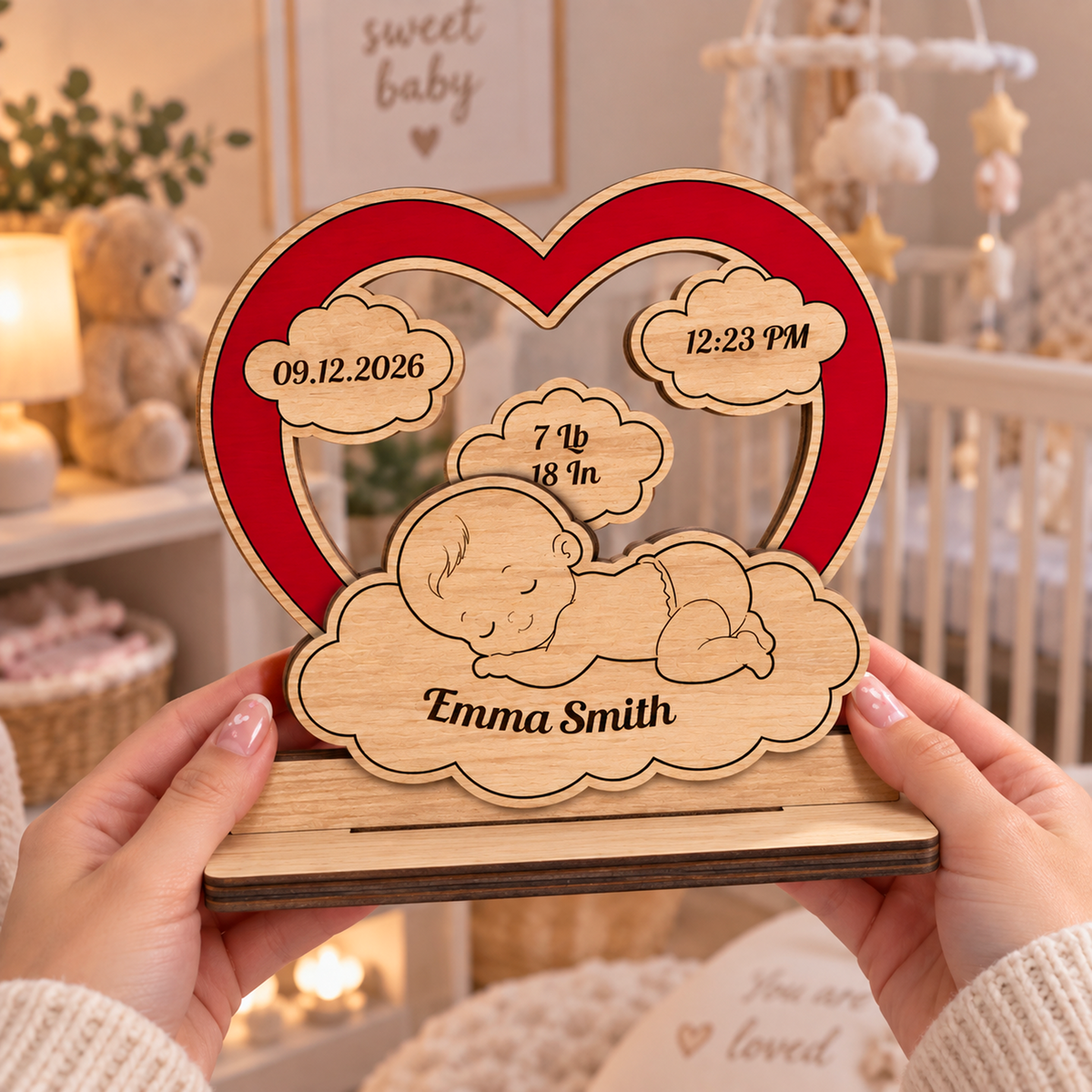Baby New Born With Cloud - Personalized 2-Layered Wooden Plaque - Christmas Decor