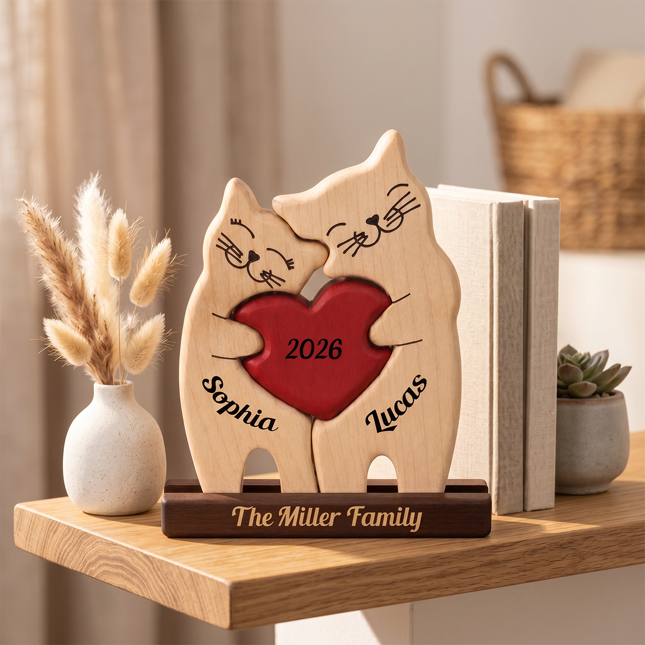 Cat Couple Keepsake — Personalized Wood Heart Sign with Names