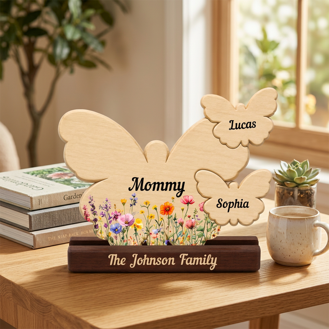 Mom Butterly Wild Flowers — Personalized Family Heirloom Wood Keepsake