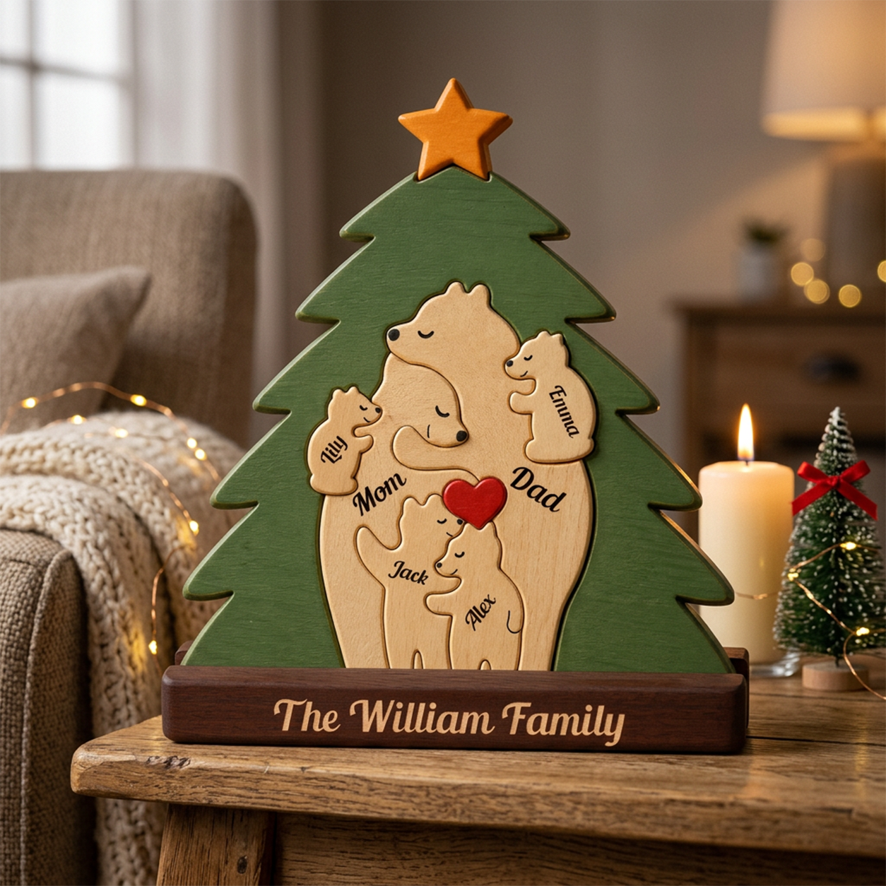 Christmas Tree With Family Bear — Personalized Wood Family Keepsake