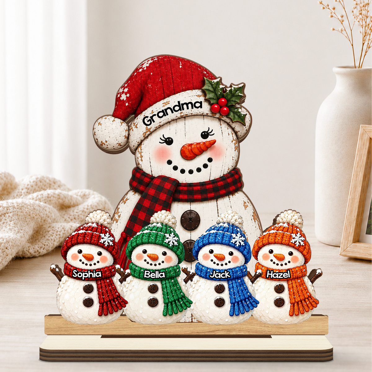 Grandma Grandkids Snowman - Personalized 2-Layered Wooden Plaque - Christmas Decor For Grandma, Mom