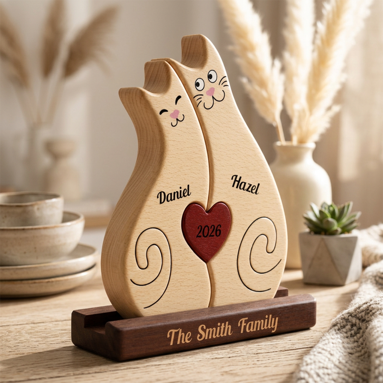 Christmas Couple Cat — Personalized Wood Family Keepsake