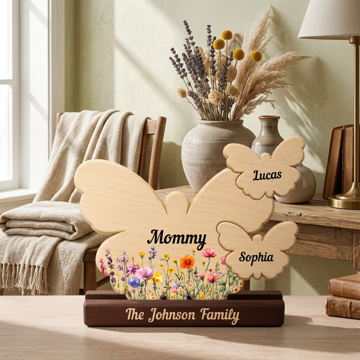 Mom Butterly Wild Flowers — Personalized Family Heirloom Wood Keepsake