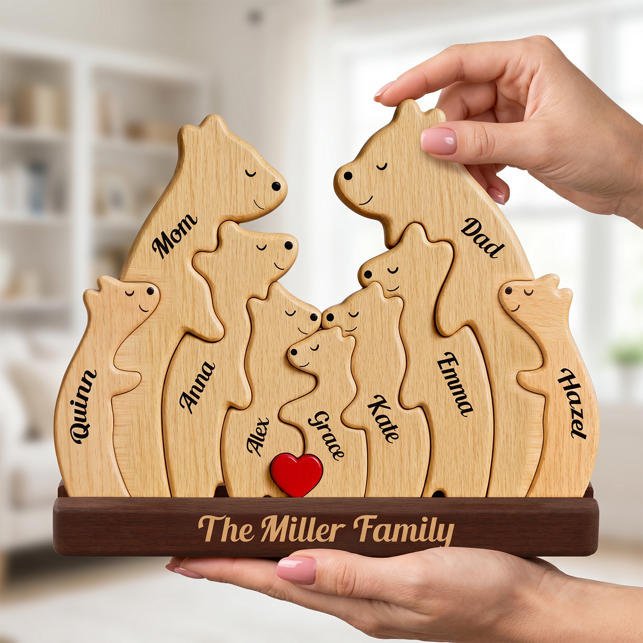Personalized wooden, against a softly blurred indoor background.