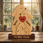 Personalized wooden family displayed on a wooden table in front of a softly blurred window.