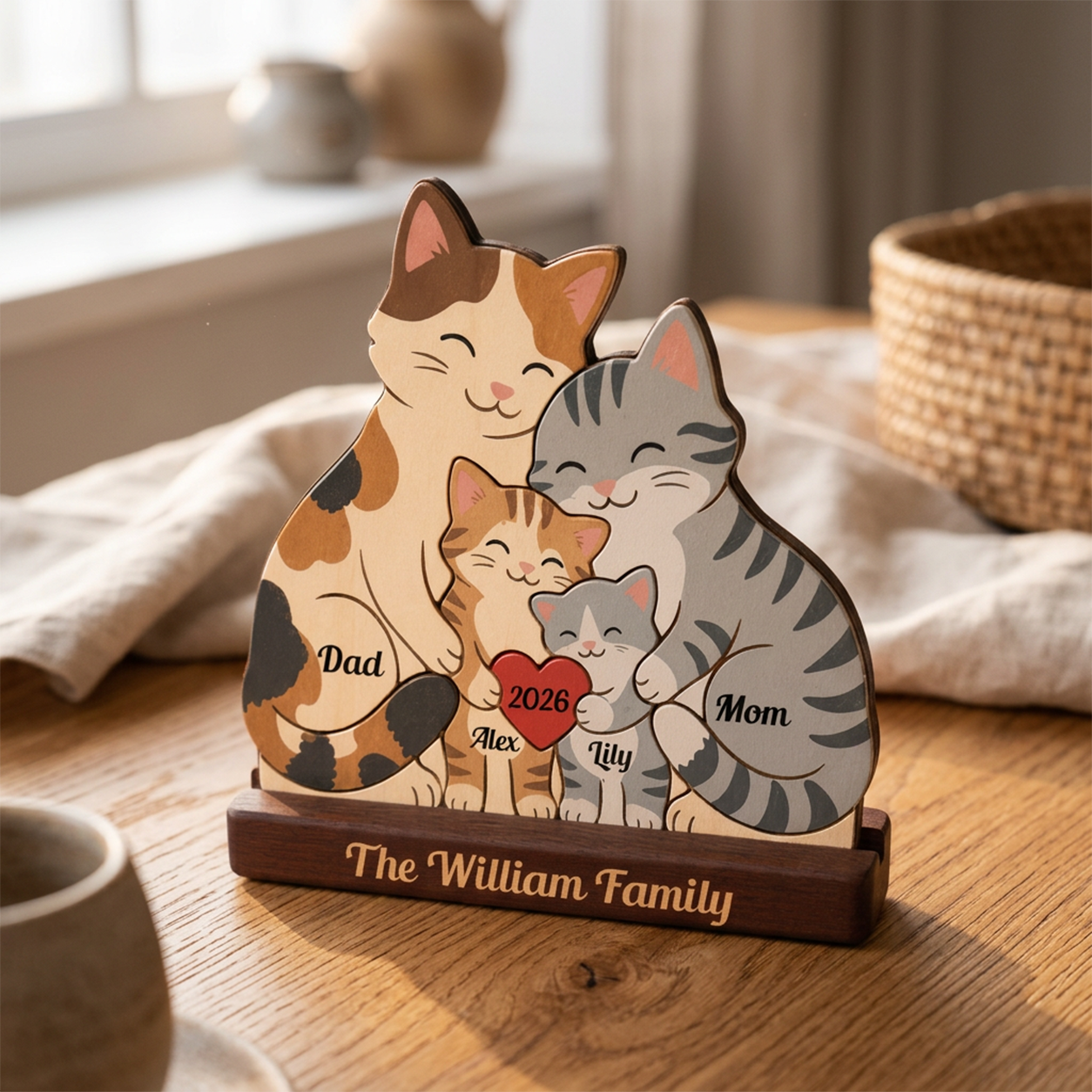 Personalized wooden cat family plaque shaped like a mother cat, father cat, and two kittens hugging, with names and the year 2026 printed on them, displayed on a wooden surface in a warm indoor setting.