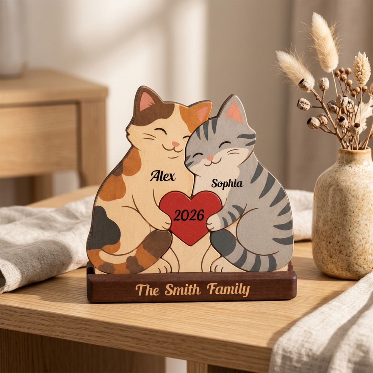 Personalized wooden cat couple figurine on a table, featuring two cats hugging with a red heart labeled '2026' and the names