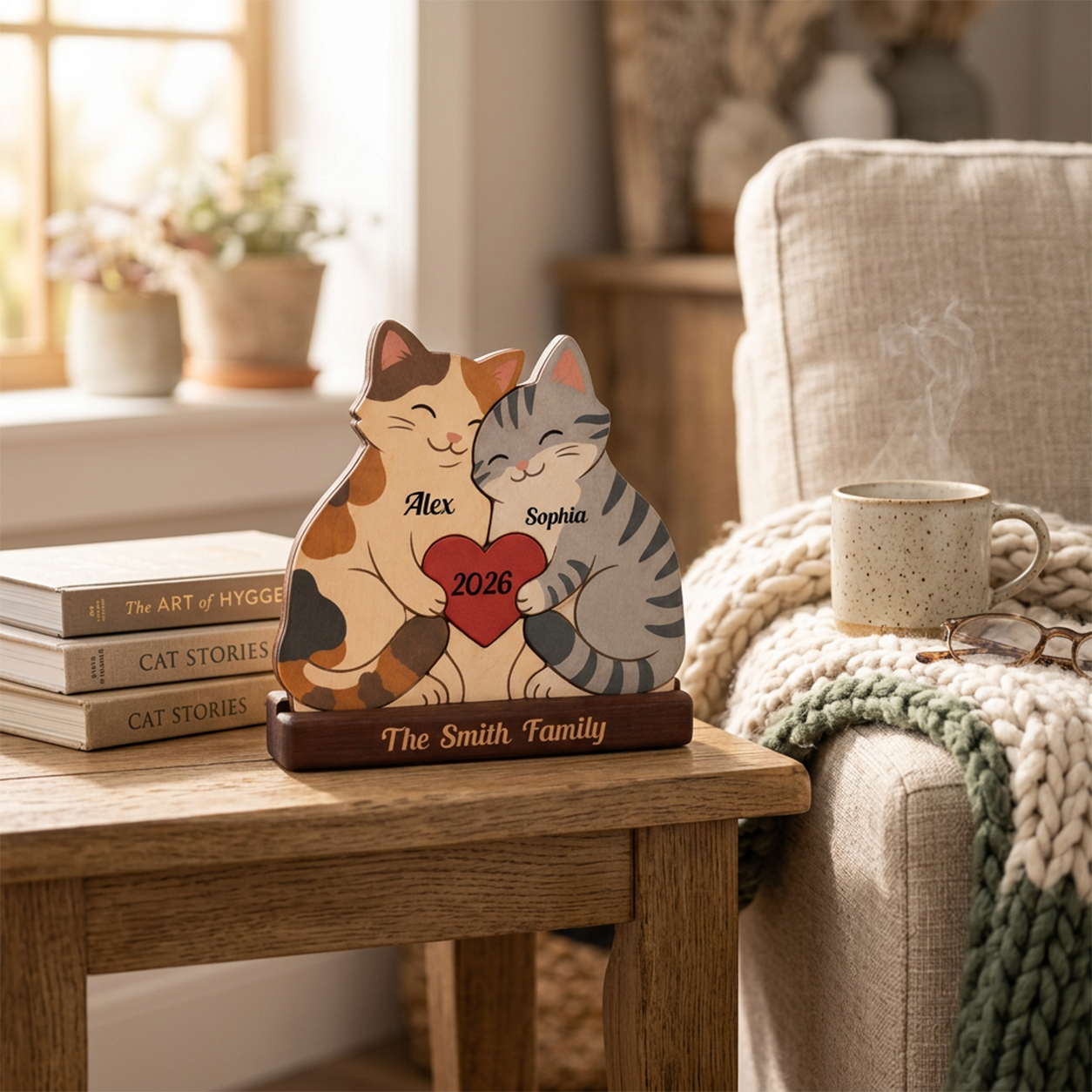 A personalized wooden cat couple figurine with two cats hugging over a red heart that says '2026', displayed on a wooden table in a cozy living room setting next to a mug and blanket.