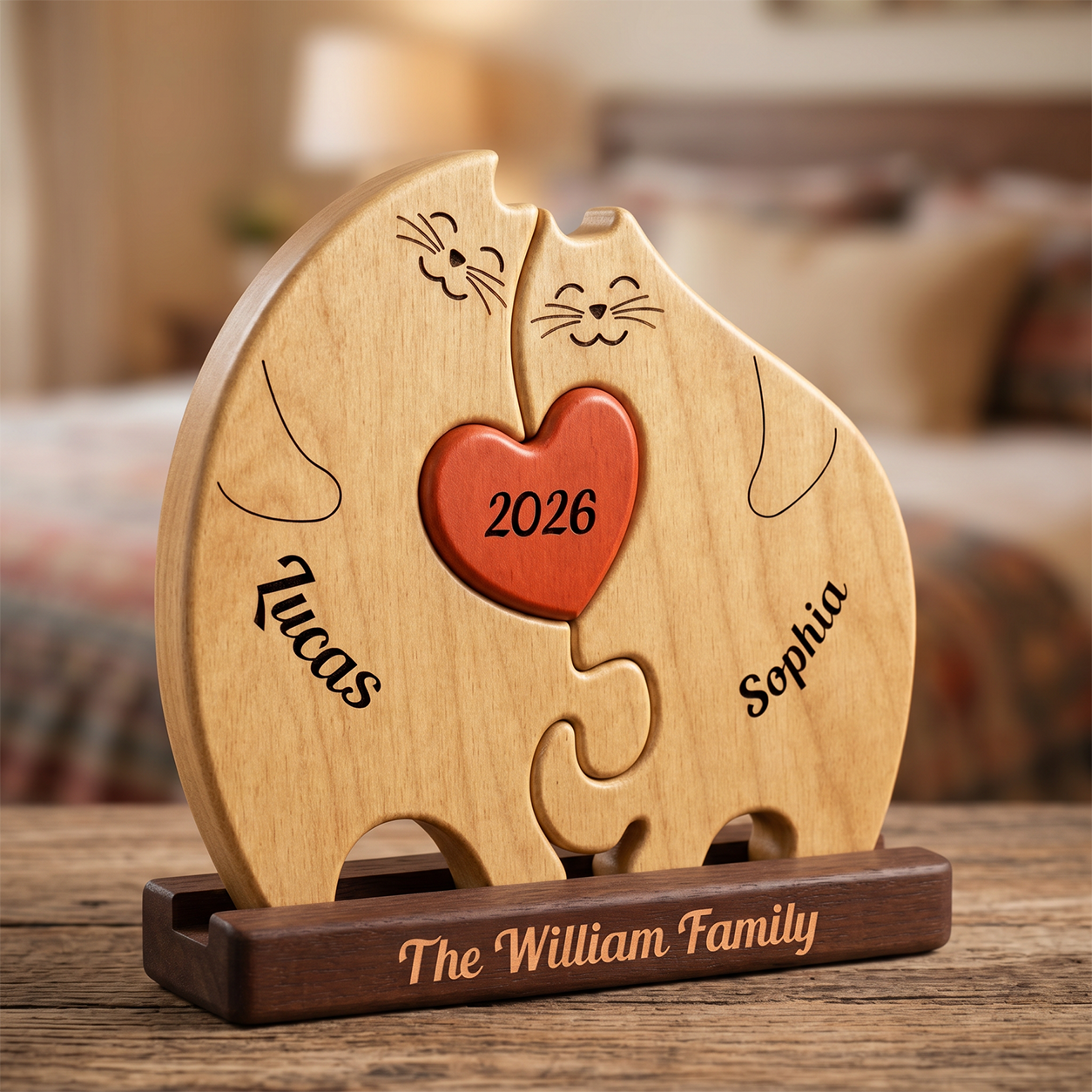 Personalized wooden puzzle-shaped wall decor featuring two cat faces, engraved names 'Lucas' and 'Sophia', a red heart in the center with '2026', and a dark wood base engraved 'The William Family'.