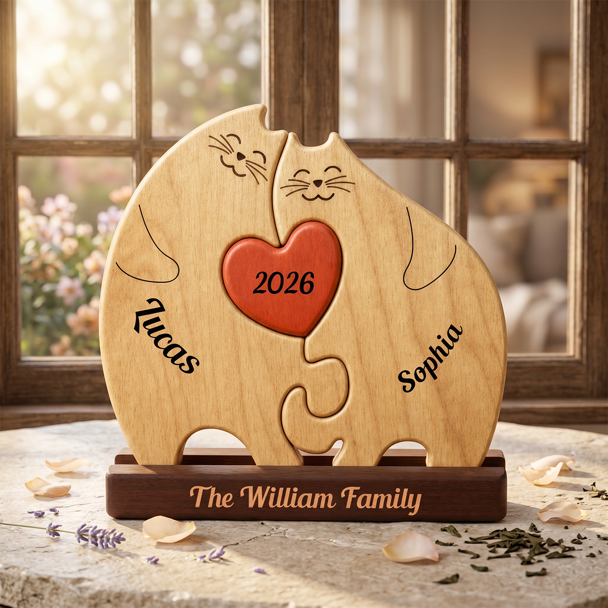 Personalized wooden cat-shaped puzzle plaque on a dark base, engraved with two cats, a red heart in the center reading 2026, and names 