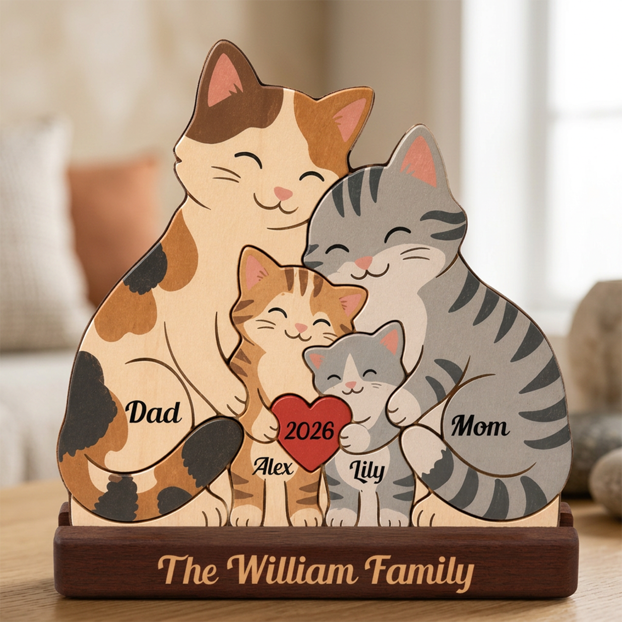 A personalized wooden family plaque shaped like a cat family, with a calico cat labeled Dad, a gray tabby cat labeled Mom, and two smaller orange and gray kittens names, all gathered around a red heart that says 2026. The base is engraved with 'The Family'.