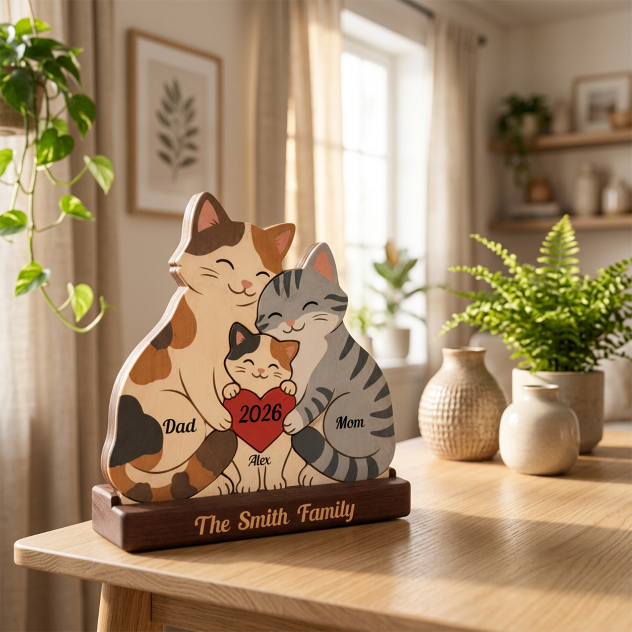 A personalized wooden cat family sculpture on a matching base, shown on a wooden table in a softly lit living room. The design features three cats hugging with a red heart that says '2026', with 'Dad', 'Mom', and 'The Family' engraved on the base.