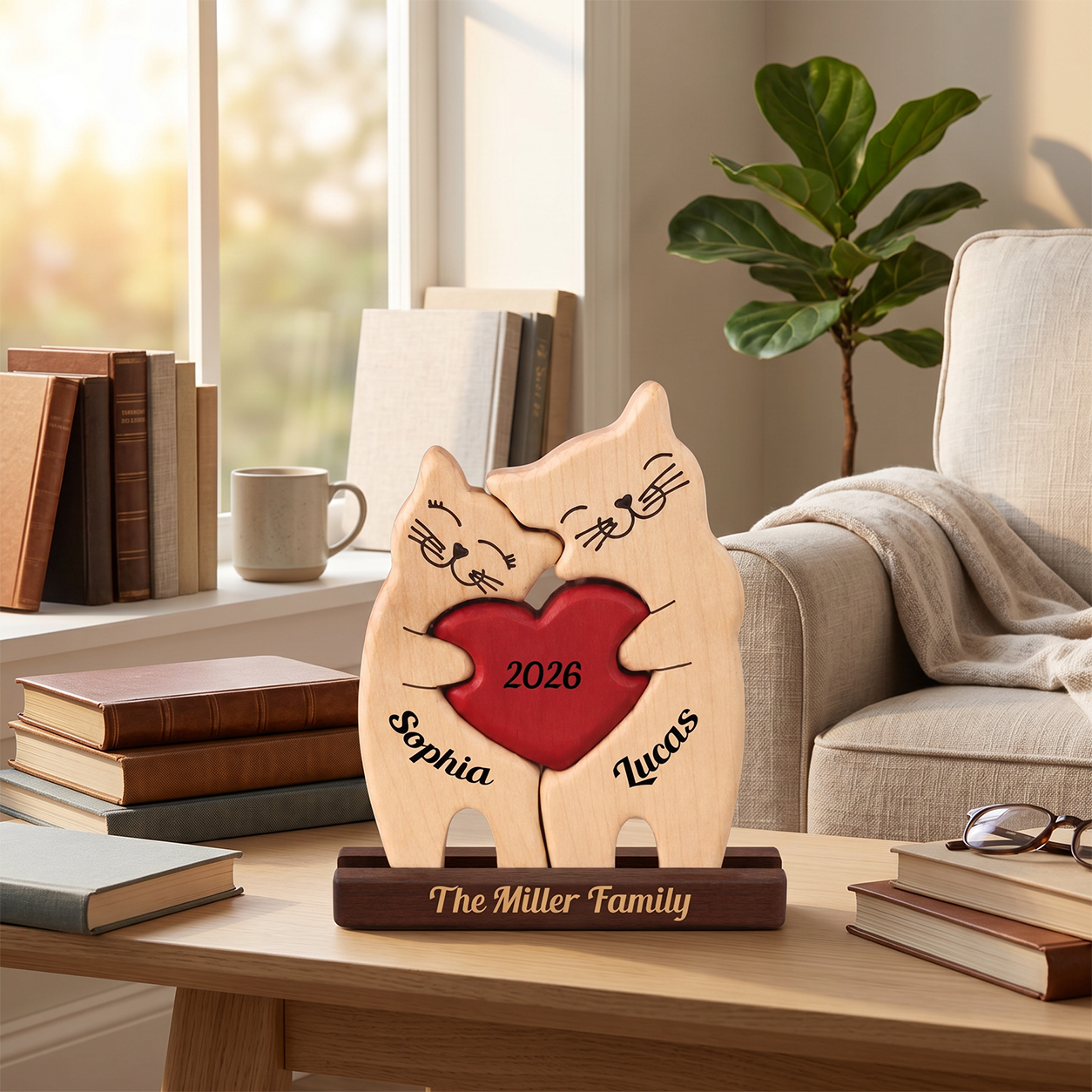 Personalized wooden cat couple figurine on a dark base, shown on a table in a cozy living room setting with books, a mug, and a sofa in the background.