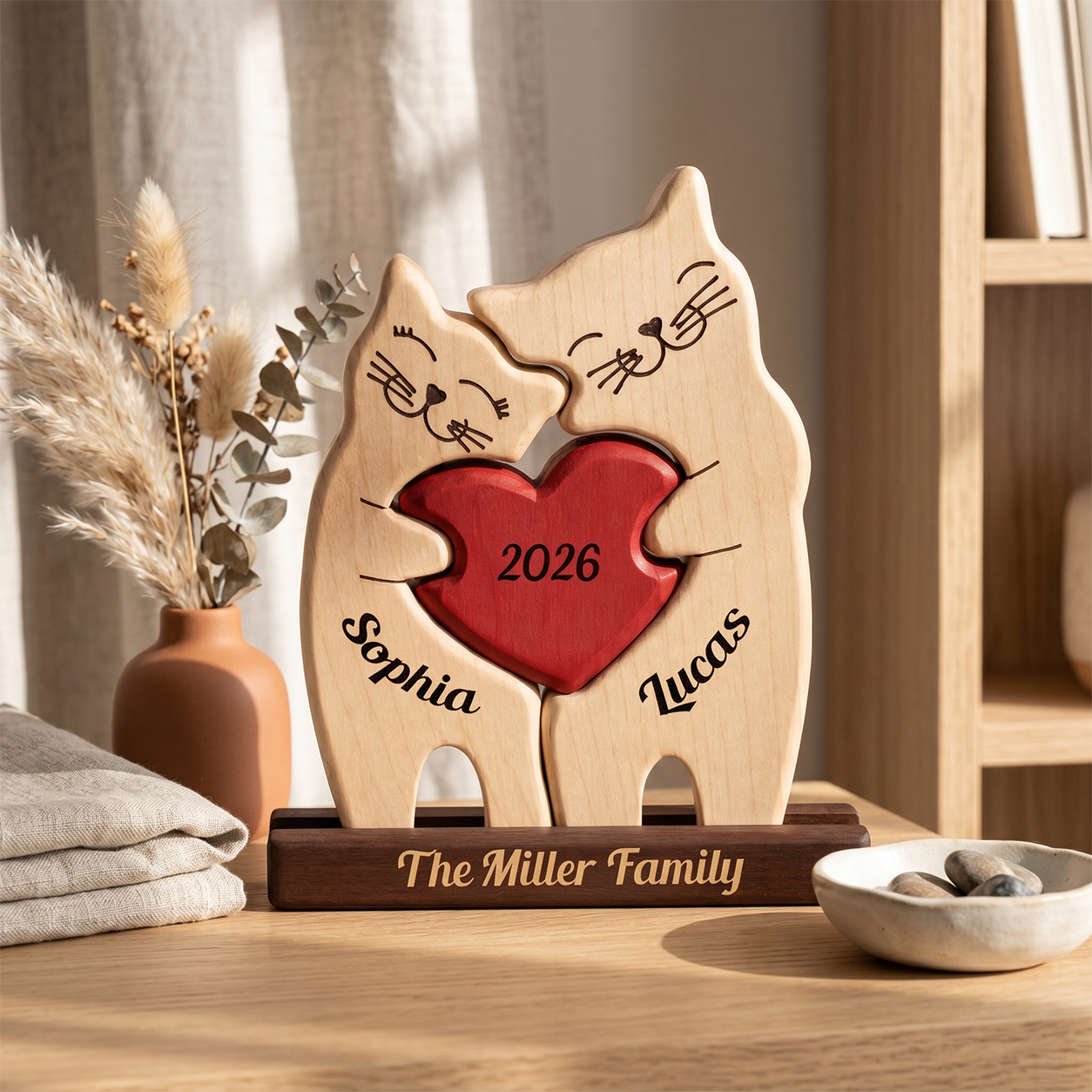 Personalized wooden cat couple figurine on a dark base, featuring two light natural wood cats hugging with a red heart in the center ,The product is styled on a wooden table with a vase of dried grass, folded linen, and a small bowl in a warm indoor setting.