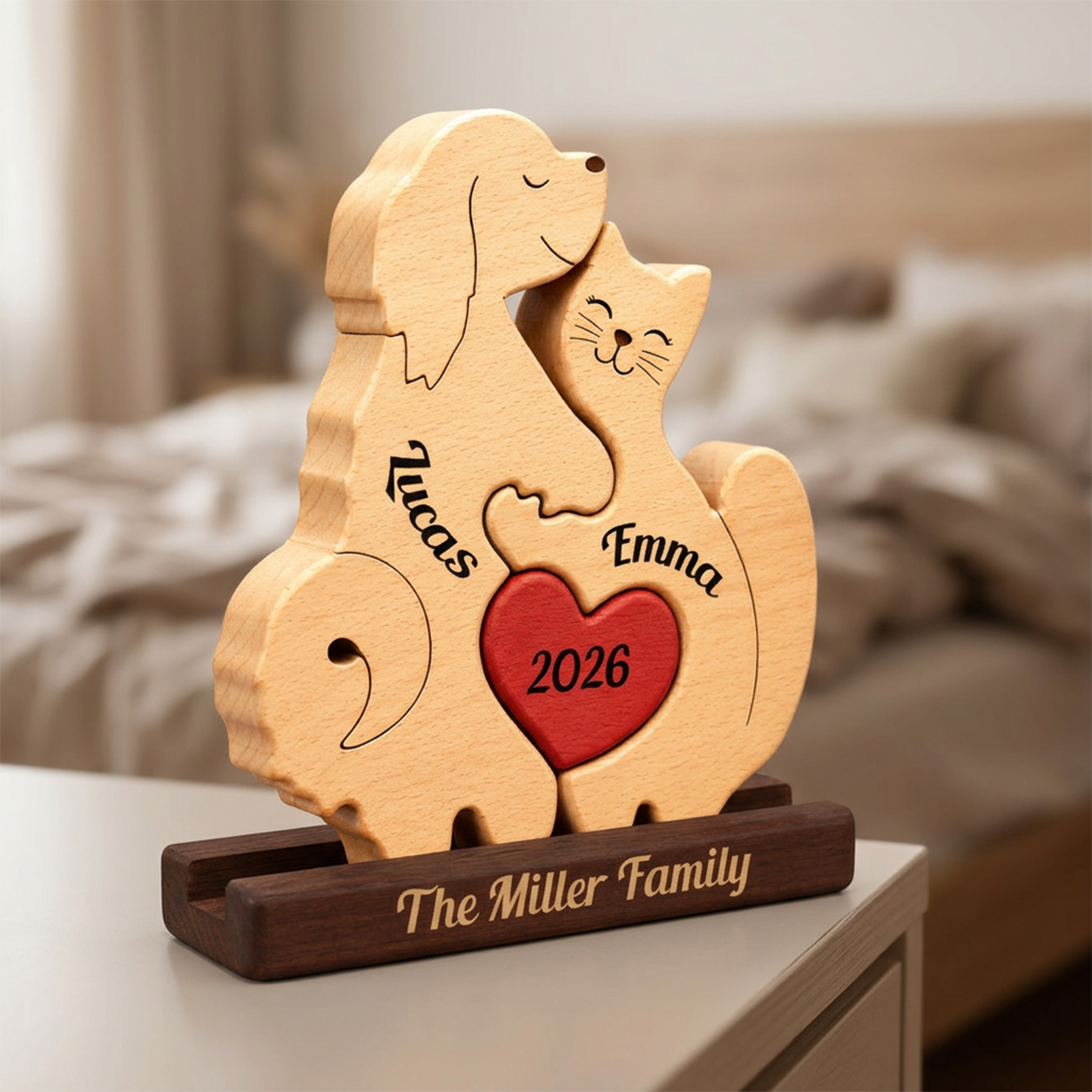 Personalized wooden dog and cat puzzle figurine on a dark base, engraved with the names