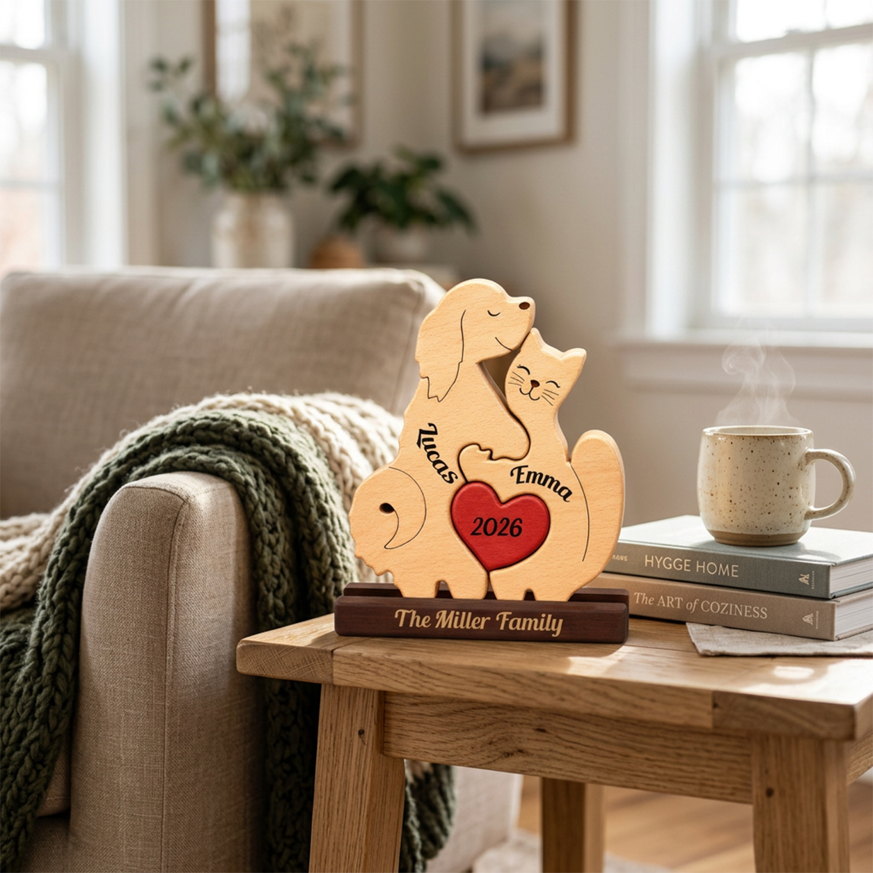 A personalized wooden dog and cat silhouette ornament with a red heart and engraved names sits on a small wooden table in a cozy living room setting next to a mug and books.