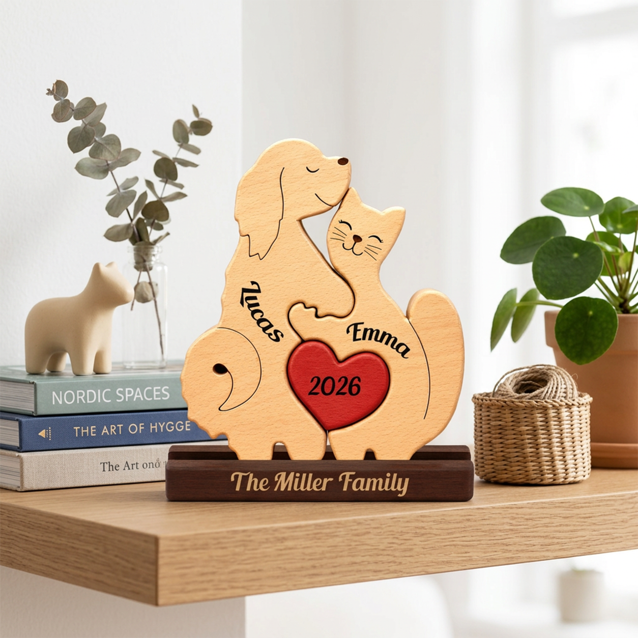 Personalized wooden couple plaque shaped like a dog and cat hugging around a red heart with the names, displayed on a shelf with books, a plant, and a small ceramic dog figurine.
