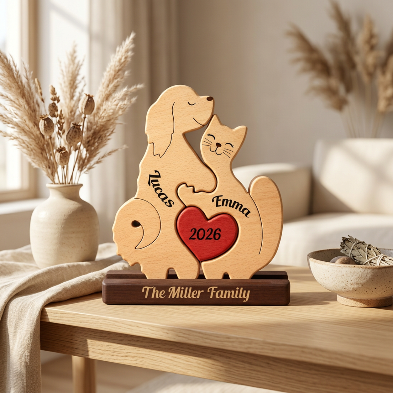 Personalized wooden couple sculpture shaped like a dog and cat embracing around a red heart with the years 2026, displayed on a wooden table in a warm, softly lit living room setting.