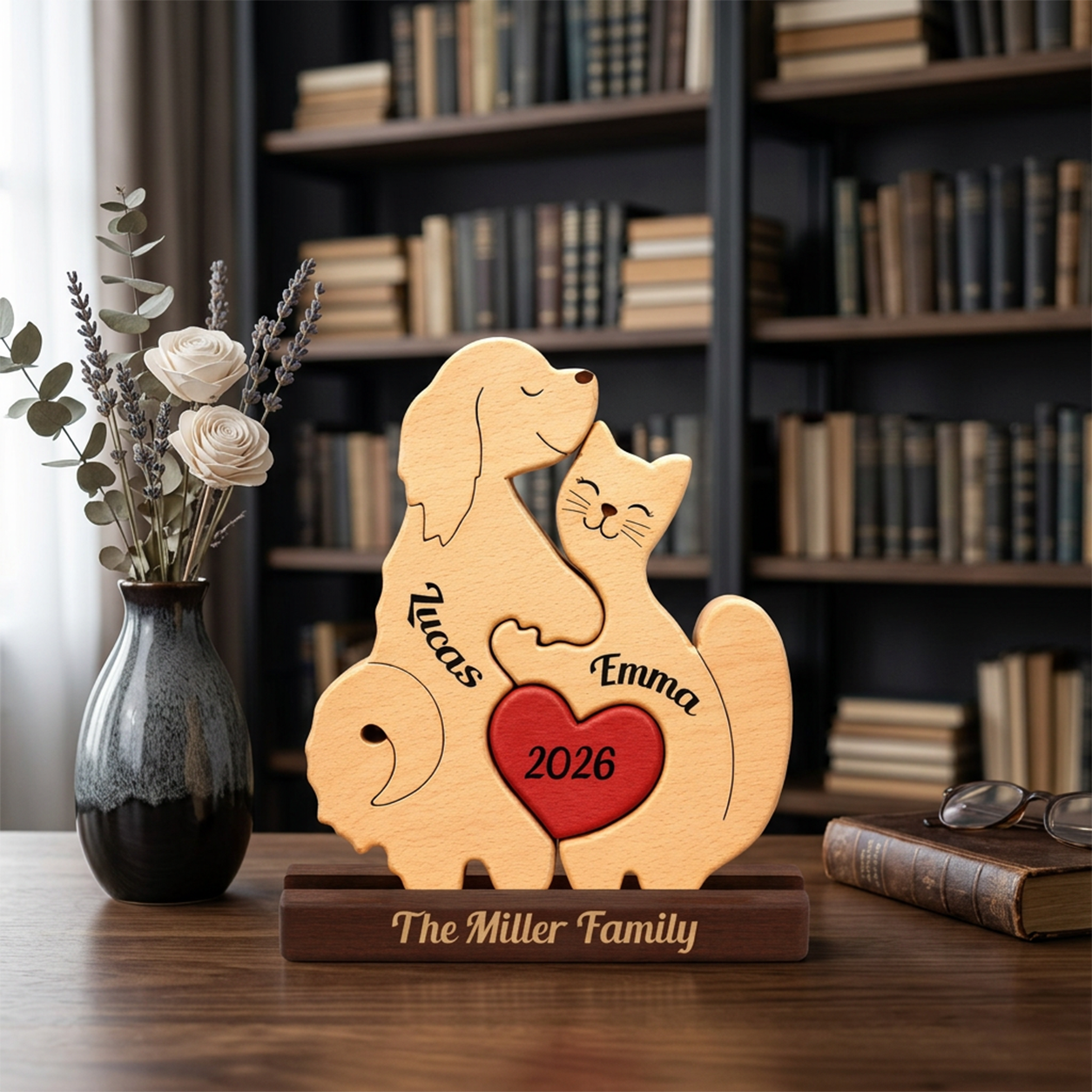 Personalized wooden shaped a dog and cat hugging around a red heart, engraved with the names, displayed on a wooden base with 'The Family' at the front. The plaque is set on a wooden table in a cozy room with a vase of flowers and bookshelves in the background.