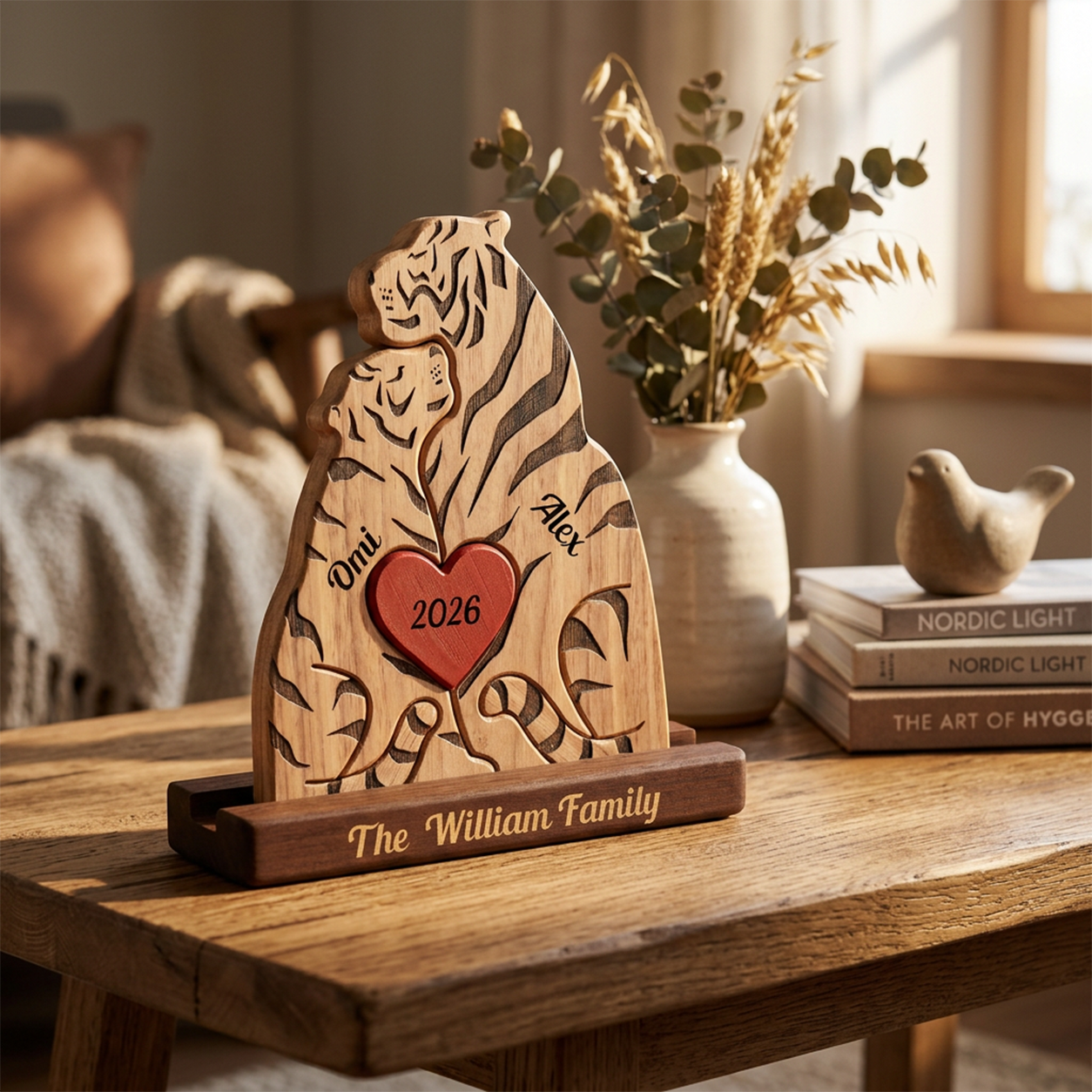 A personalized wooden tiger-shaped plaque with engraved black stripes, a red heart reading '2026', and names, displayed on a wooden stand on a table in a warm, softly lit room.