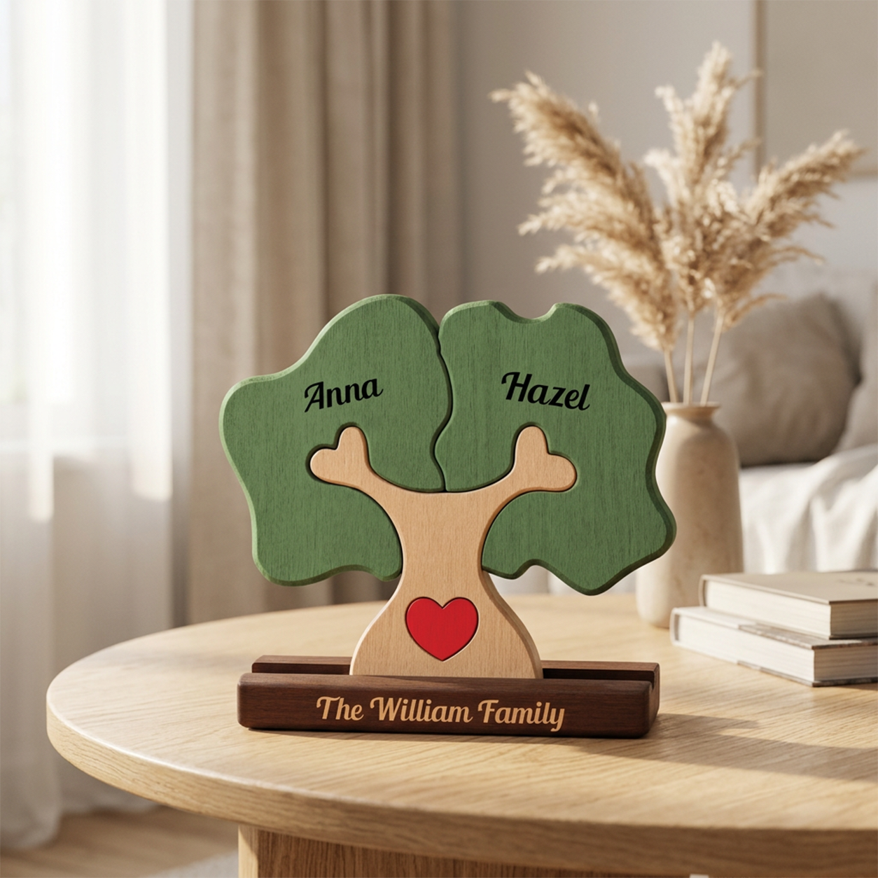 Personalized wooden family tree display on a round table in a softly lit room. 