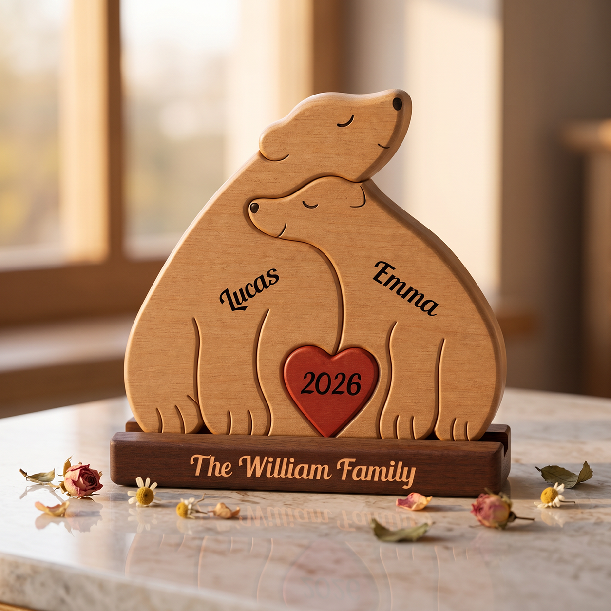 Wooden bear-shaped with engraved names and year on a marble surface.