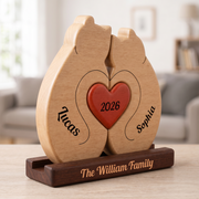 Wooden heart-shaped decoration with engraved names and year on a wooden stand, placed on a table.