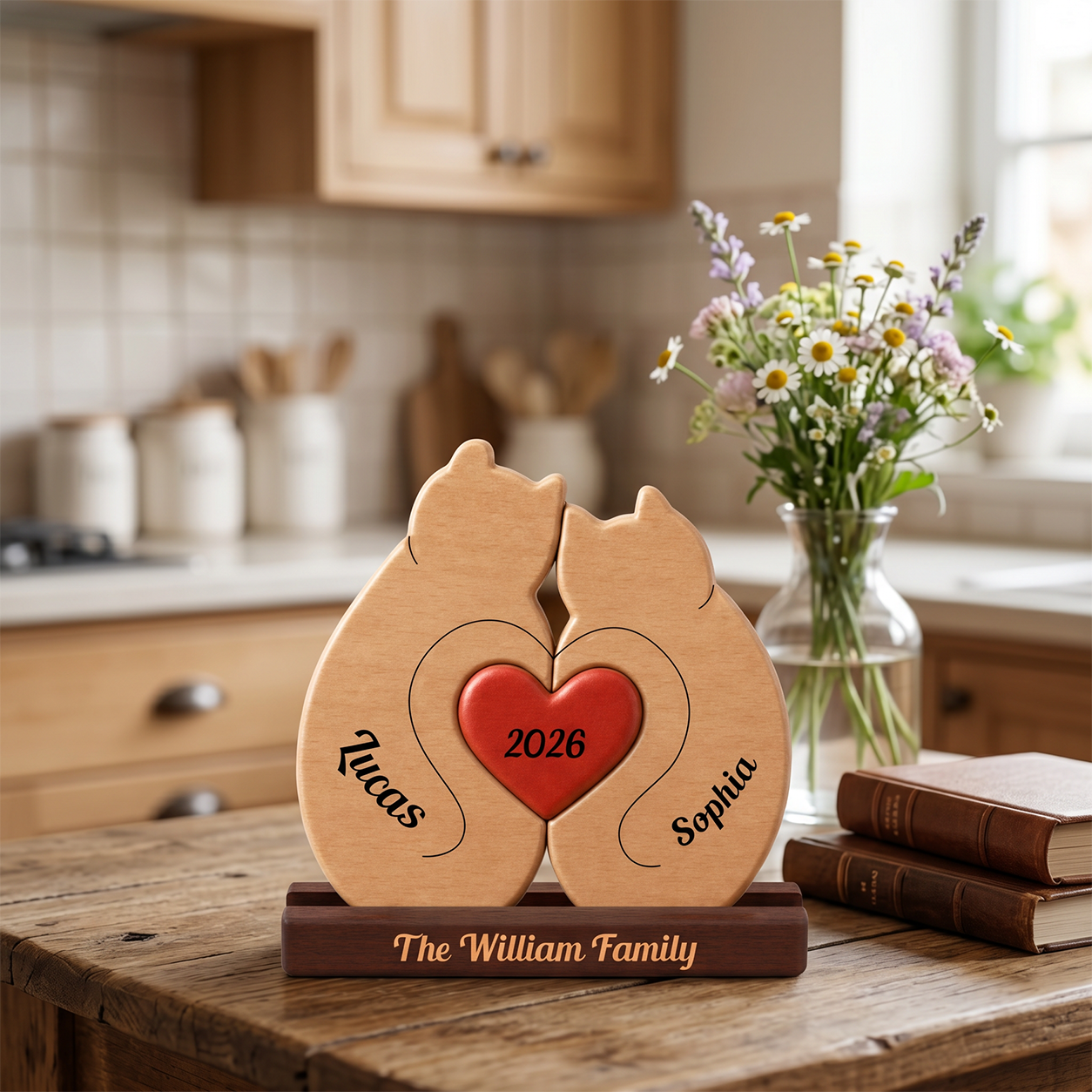 Wooden couple figurine with a heart in a kitchen setting