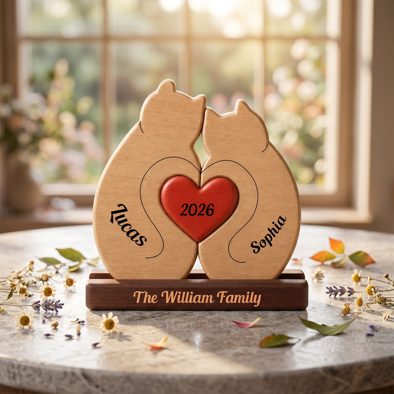Wooden sculpture of two cats with a heart in the middle, personalized with names and year, on a table with a blurred outdoor background.