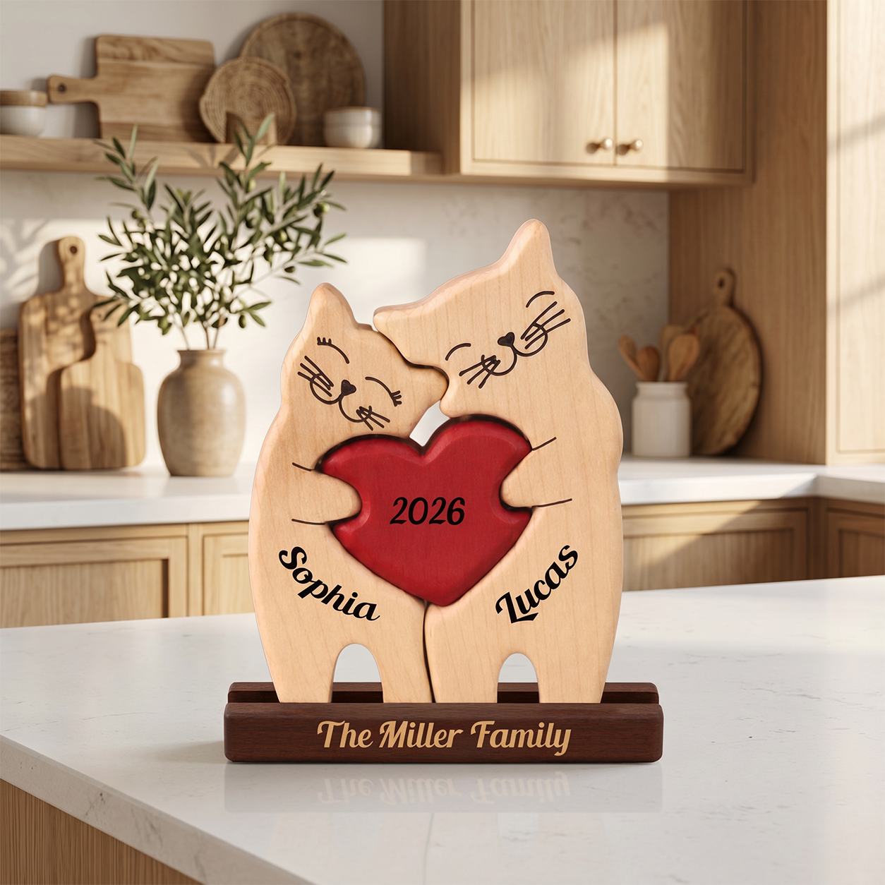 Personalized wooden cat figurines hugging over a red heart with the year 2026 and the names Sophia and Lucas, displayed on a dark wood base engraved with 'The Family' on a kitchen countertop.