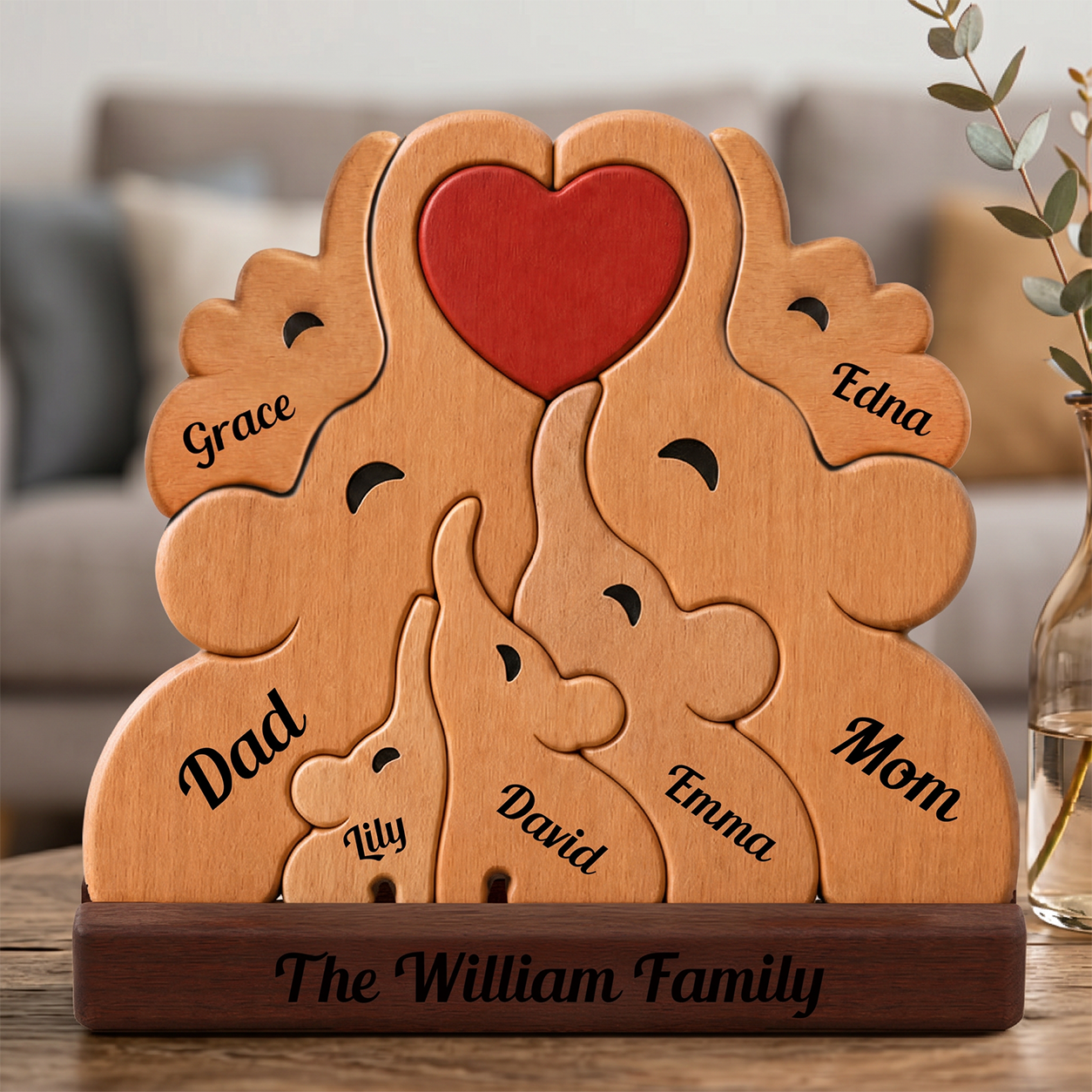 Wooden family puzzle with heart in the middle on a table.