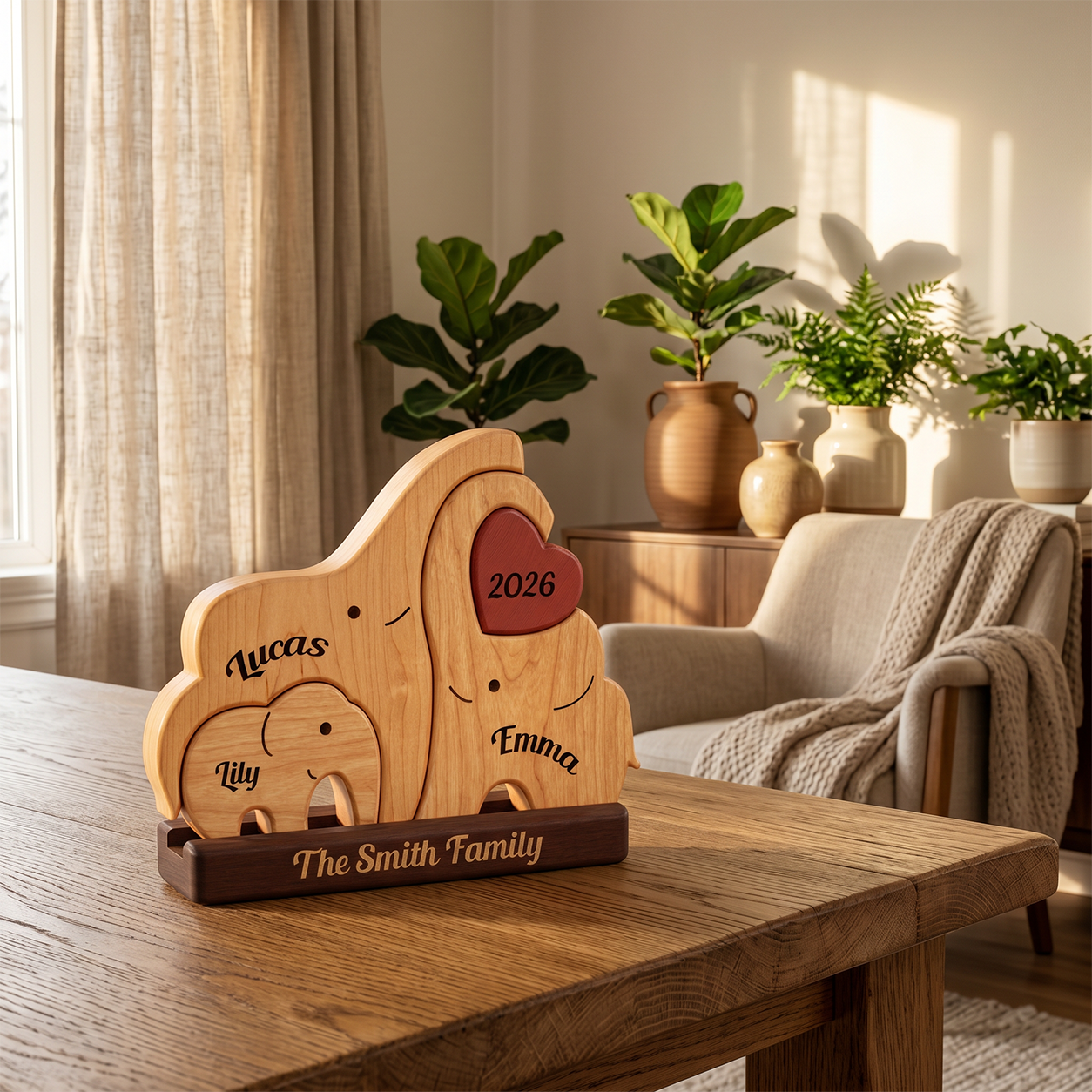 A personalized wooden elephant family milestone plaque engraved with names and the year 2026, displayed on a wooden table in a warm, sunlit living room.