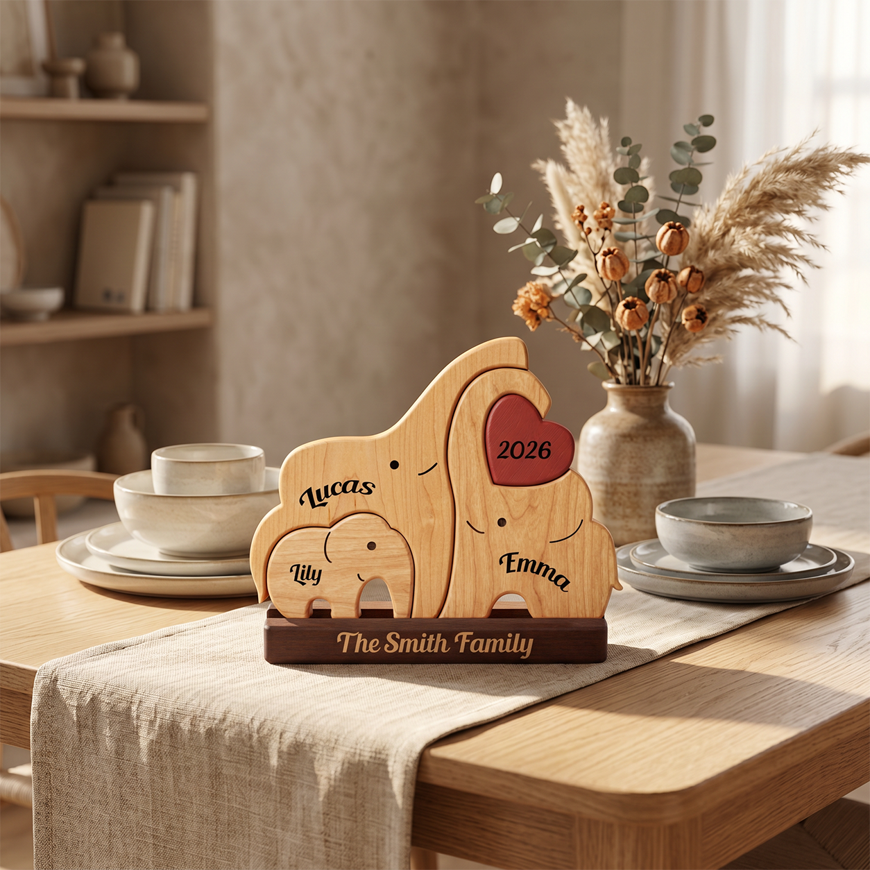 A personalized wooden elephant family plaque on a dining table, featuring three engraved wooden elephants with names and a red heart accent, set in a warm, styled home interior.